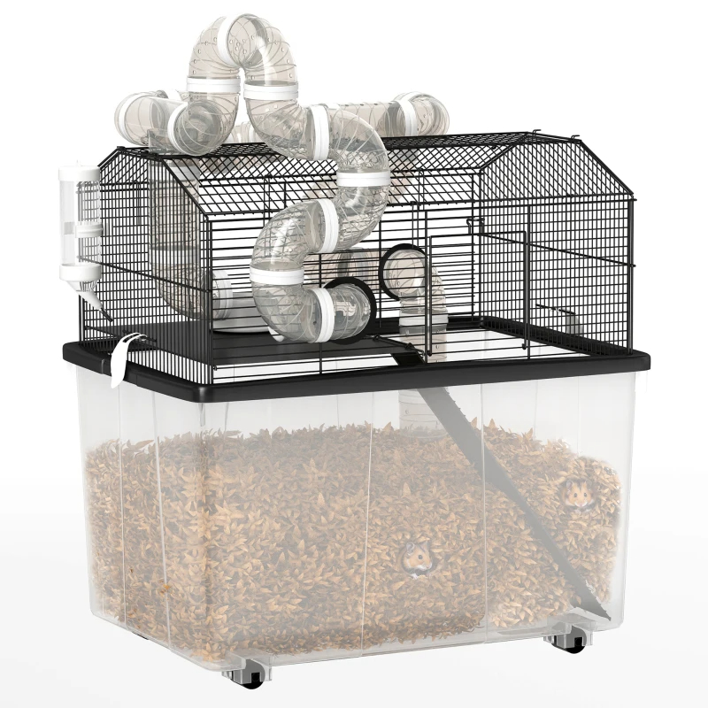2 Tier Hamster Cage With 12 Deep Tray, Tube System, Water Bottle, Ramp, Feeding Bowl, Black — imagen 9