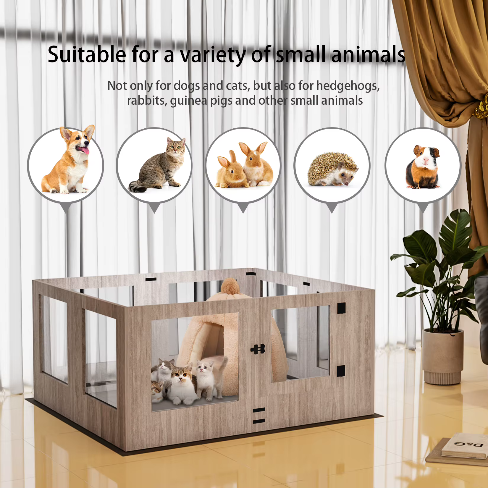 Corralito de 8 Paneles de Vidrio Templado para Cachorros, Corral de Parto para Mascotas de Interior, Jaula de Ejercicio con Almohadilla Impermeable para el Parto — imagen 5