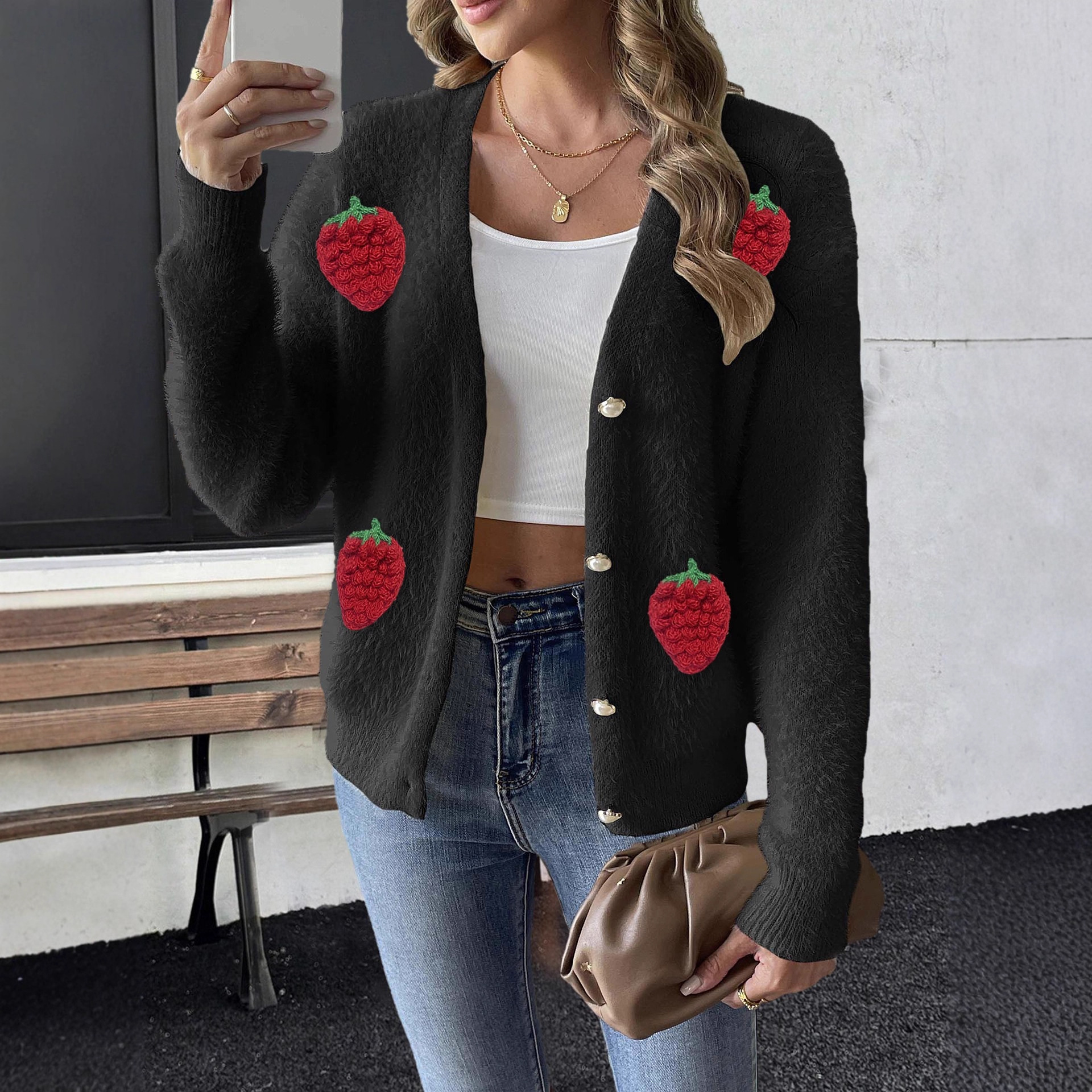 Ladies' Faux Mink Coat Women's Pearl Button Four-Button 3D Embroidery Strawberry Patchwork Knit Cardigan — image 4