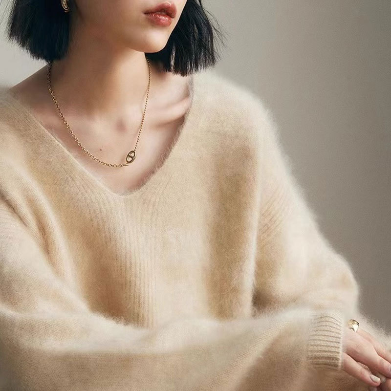 Women's Faux Mink V-Neck Long Sleeve Pullover Sweater Loose Knit Top — image 7