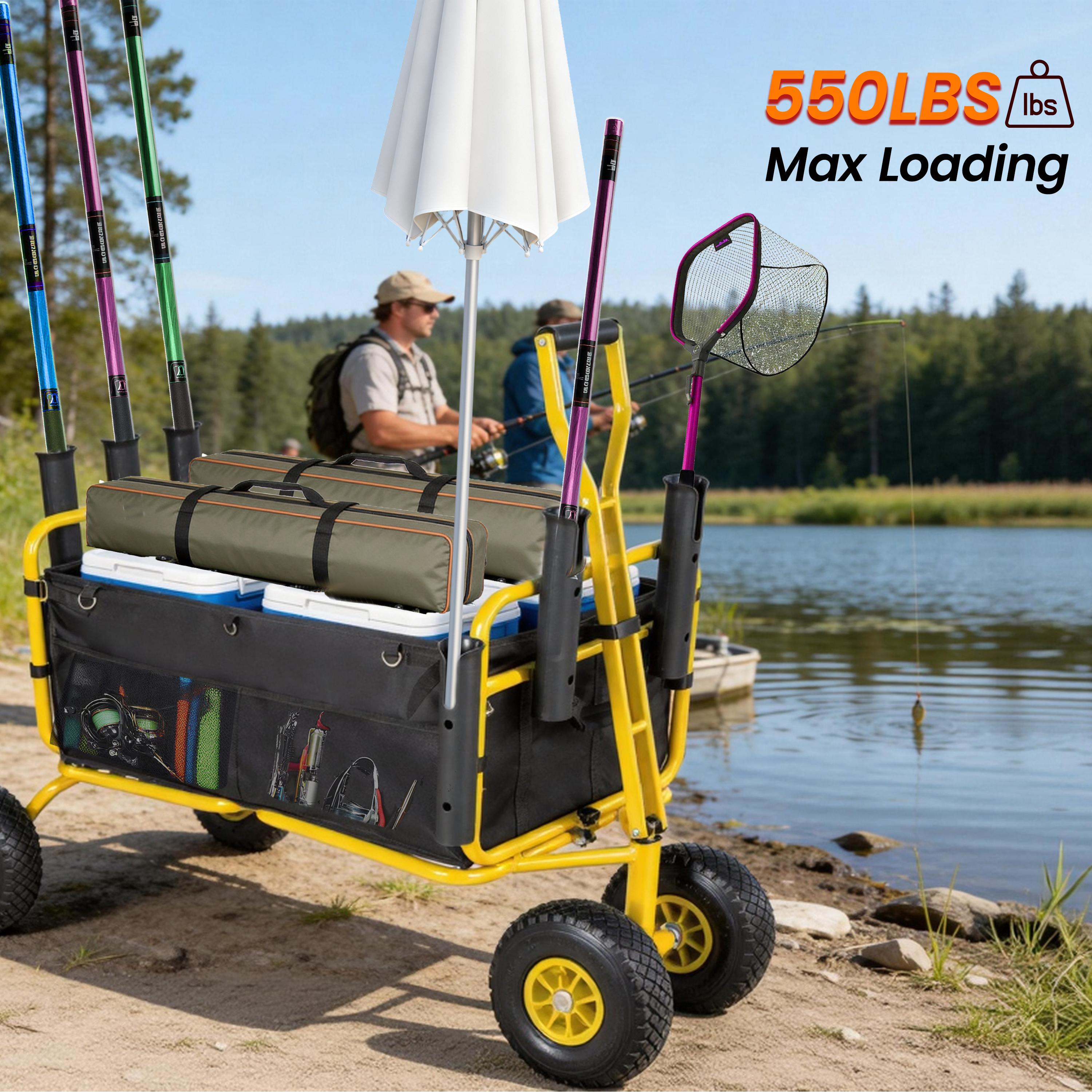 Fishing Cart Beach Cart Collapsible Wagon 9.85 All- Terrain Wheels For Sand Heavy Duty Garden Cart With Rod Holders Umbrella Holder And Storage Pockets 550lb Large Capacity Yellow Black — imagen 3