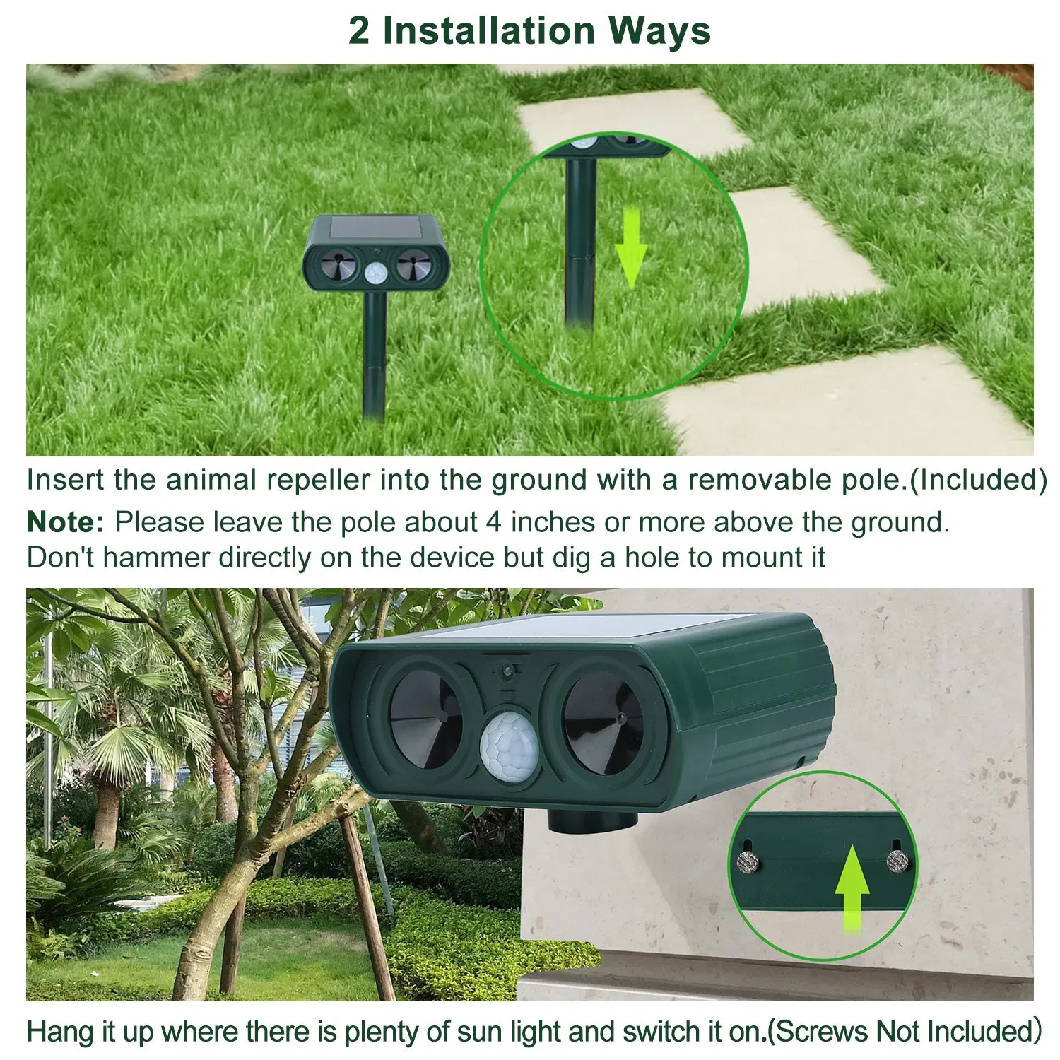 Ultrasonic Animal Repeller Solar Powered Motion Sensor Repellent IPX4 Waterproof Outdoor For Farm Garden Yard Repelling Deer Raccoon Cat Dog Rabbit Squirrel Bird — image 2