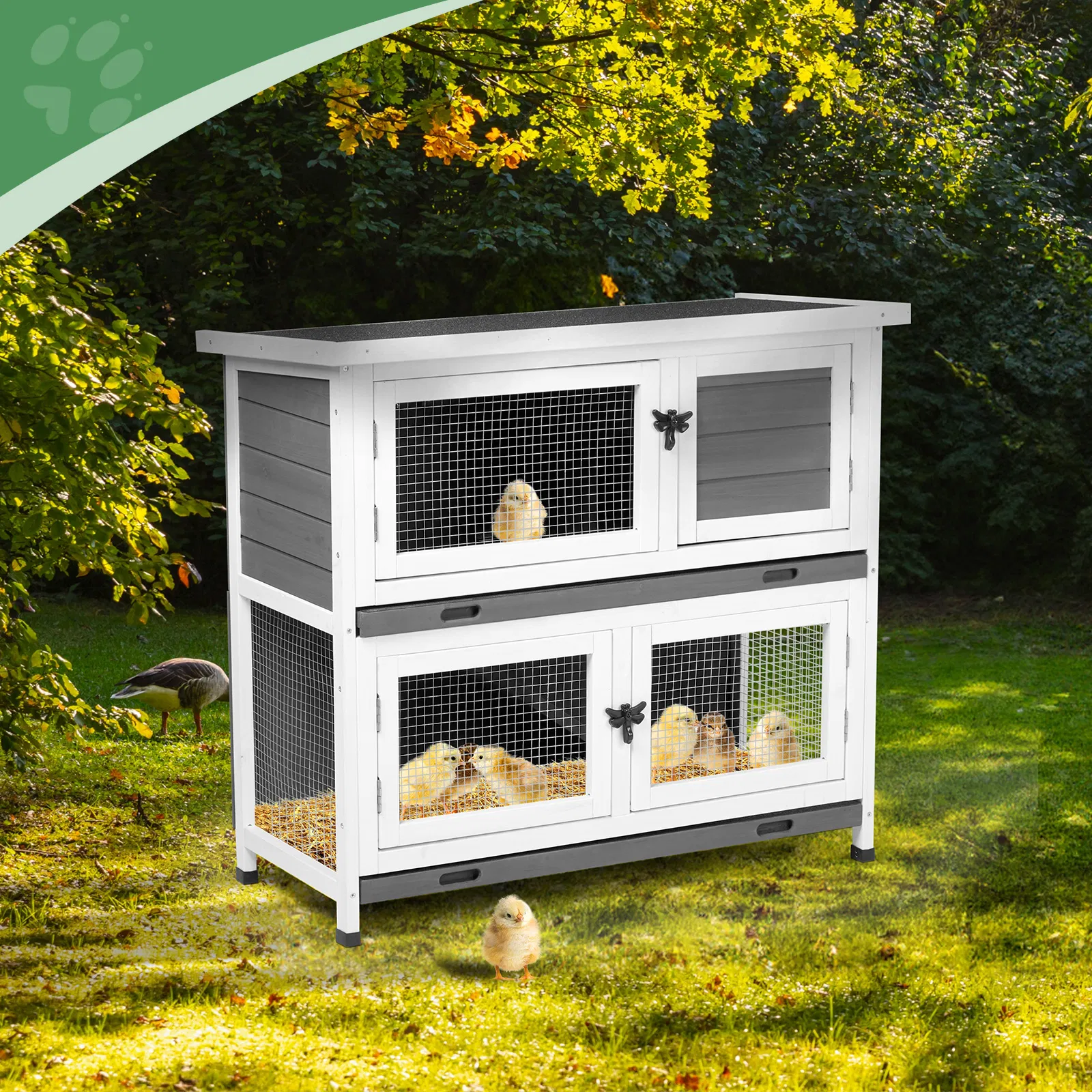 2 Story Solid Wood Rabbit Hutch Bunny Cage with 2 Large Main Rooms, Indoor Outdoor Rabbit House Guinea Pig Cage Pet House for Small Animals with 2 Removable Trays, Grey — image 3