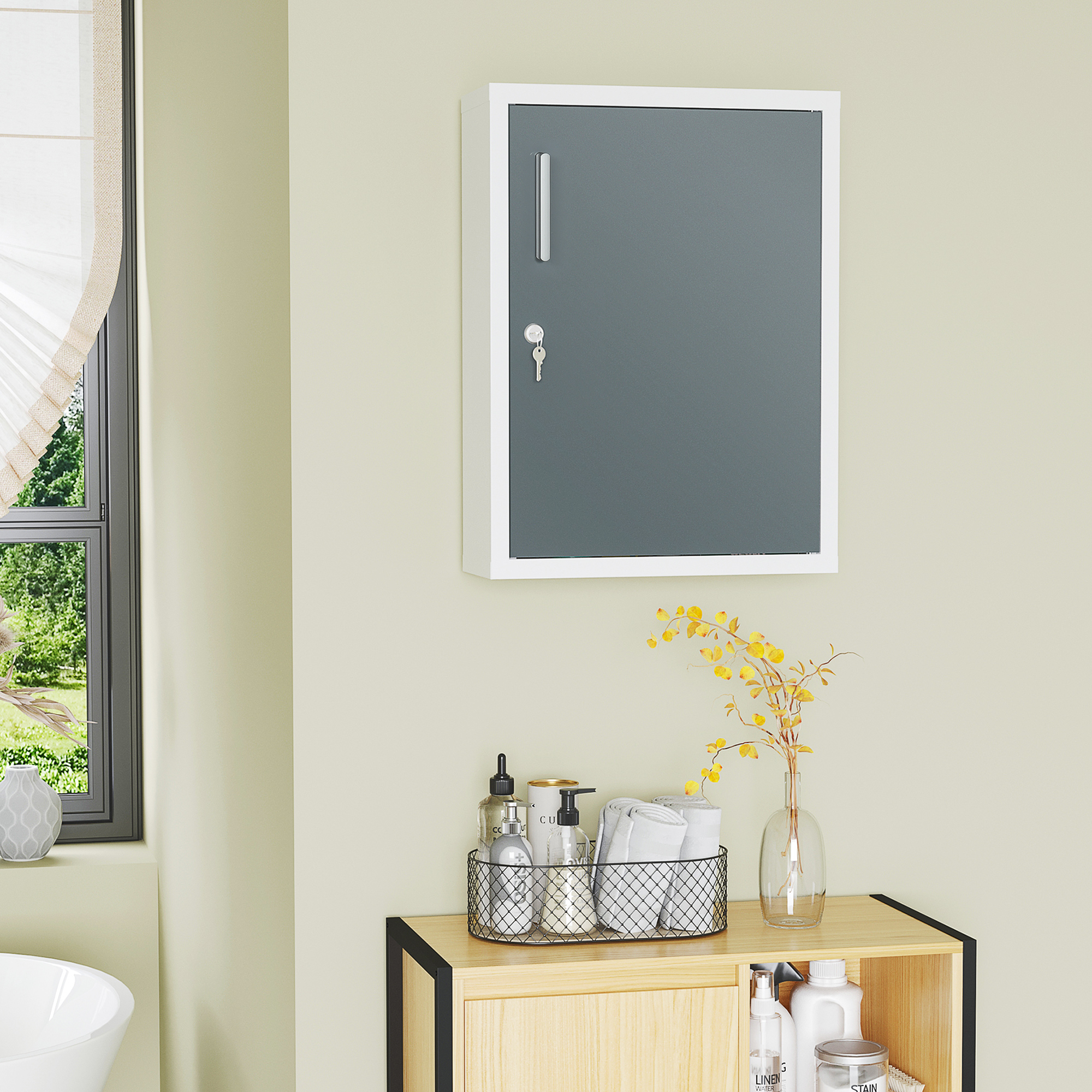 Cajón de Medicamentos para Baño con Estantes Internos y en la Puerta, Armario Seguro con Cerradura para Niños y Mascotas, Primeros Auxilios en Pared, Blanco y Gris — imagen 8