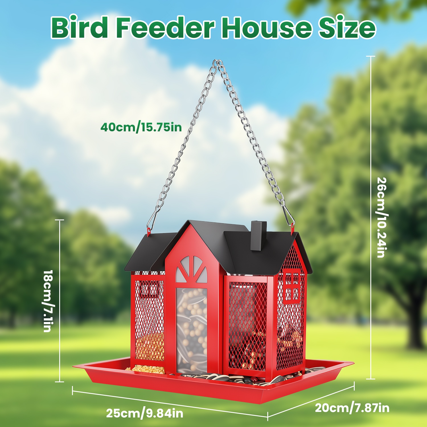 Casa de Comida para Pájaros Colgante Clásico Estilo Granja con Ventana Visible y Tapete Superior de 15,75 Pulgadas — imagen 5