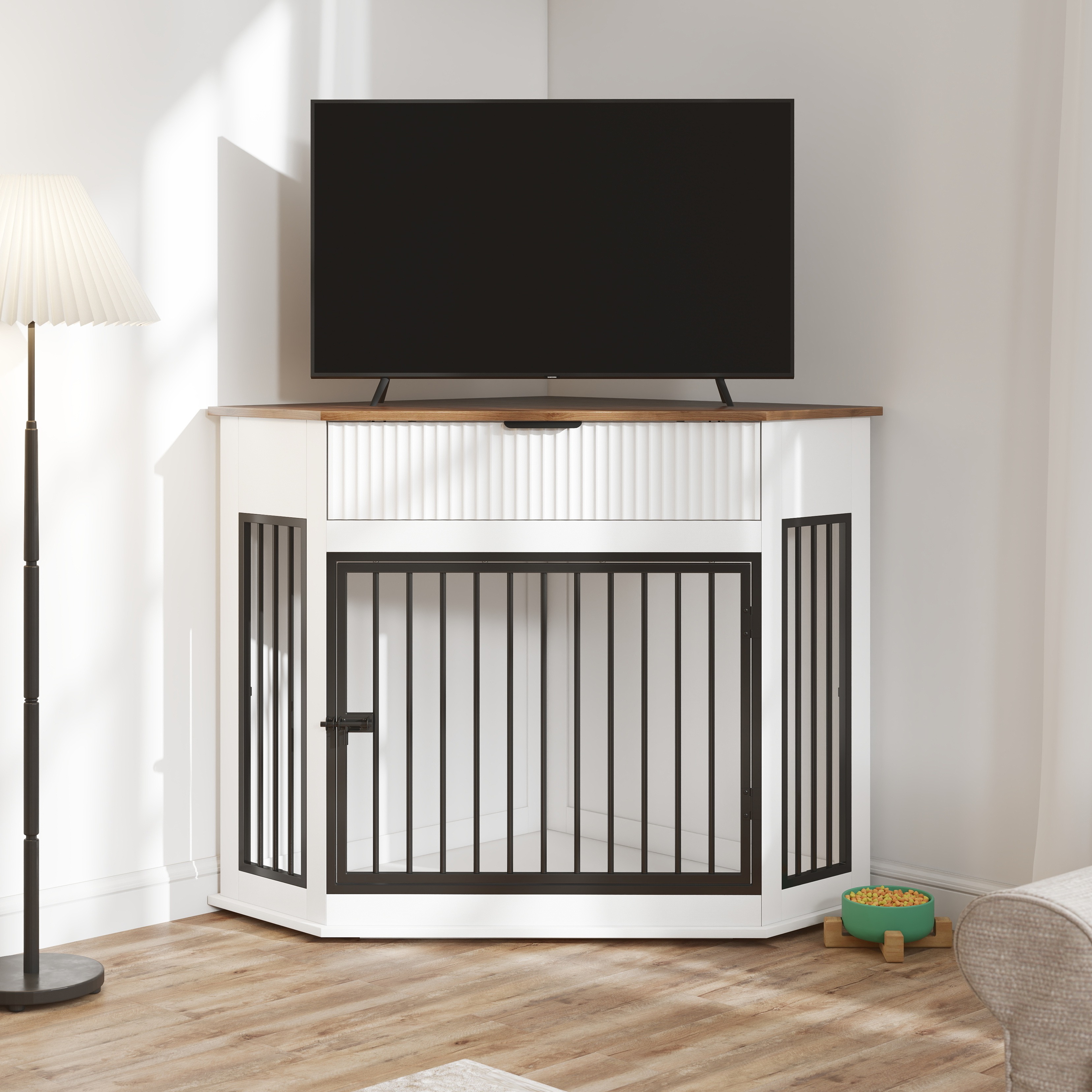 Jaula-Mueble de Esquina en MDF de 44.6" para Perros Pequeños/Medianos, Caseta Decorativa con Mesa Auxiliar y Cajón Acanalado de Almacenamiento, Gabinete Moderno para Jaula de Perro Que Ahorra Espacio, Para Decoración Interior, Blanco — imagen 5