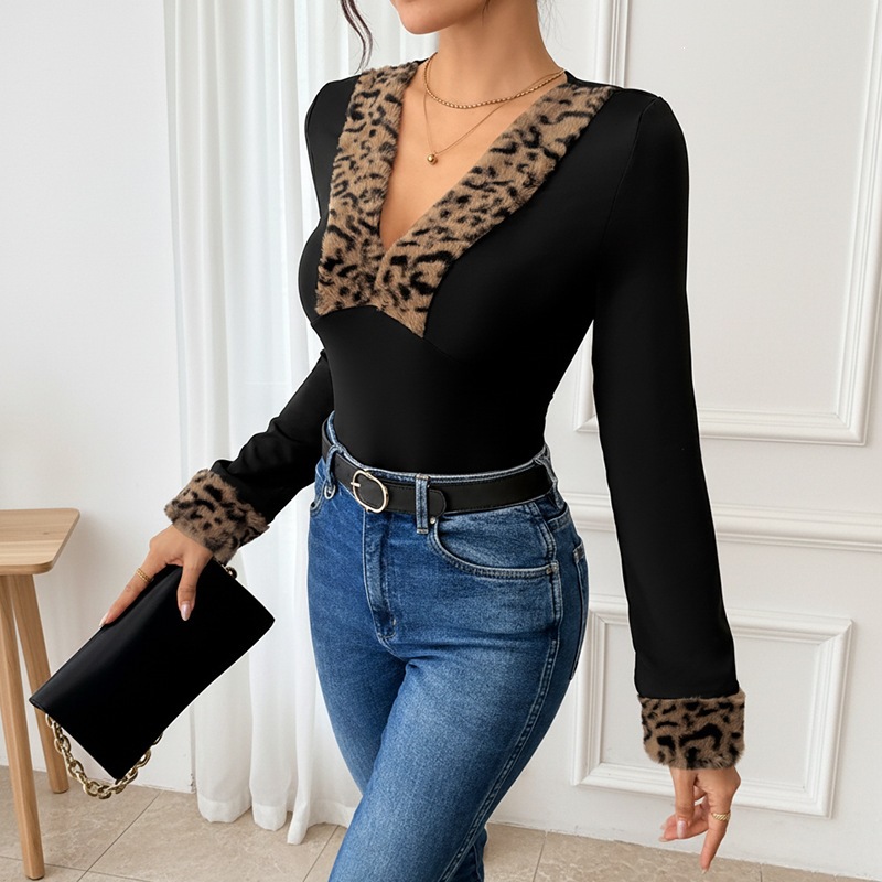 Leopard Print Long Sleeve Splicing V-Neck Women's Jumpsuit — image 4