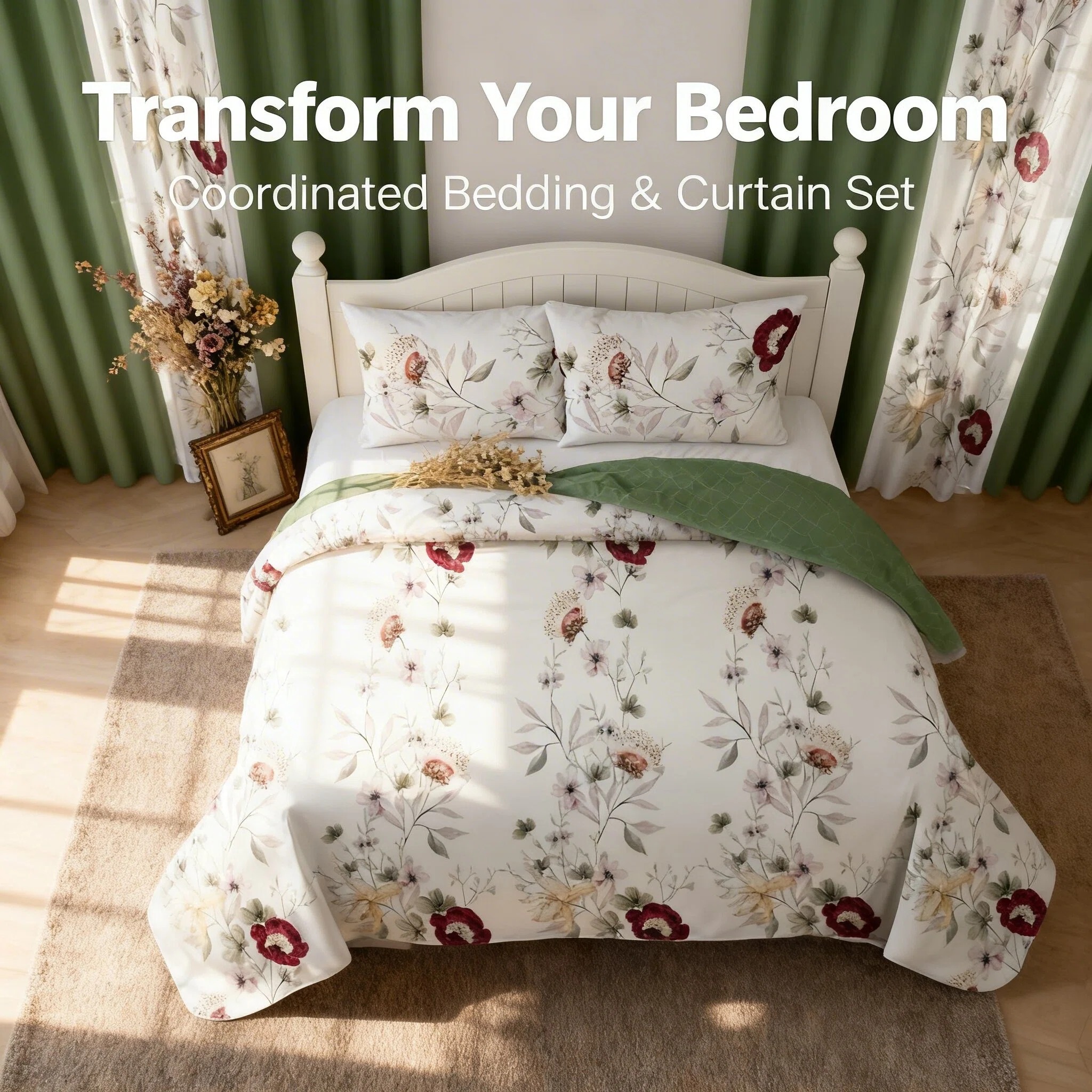 Juego de Edredón y Cortinas Room In A Bag de 9 Piezas, Colcha Gruesa con Estampado Botánico Floral Verde Salvia de Diseñador de EE. UU. con 6 Paneles de Cortina Personalizables, Cubrecama de Alto GSM Apto para Mascotas — imagen 8