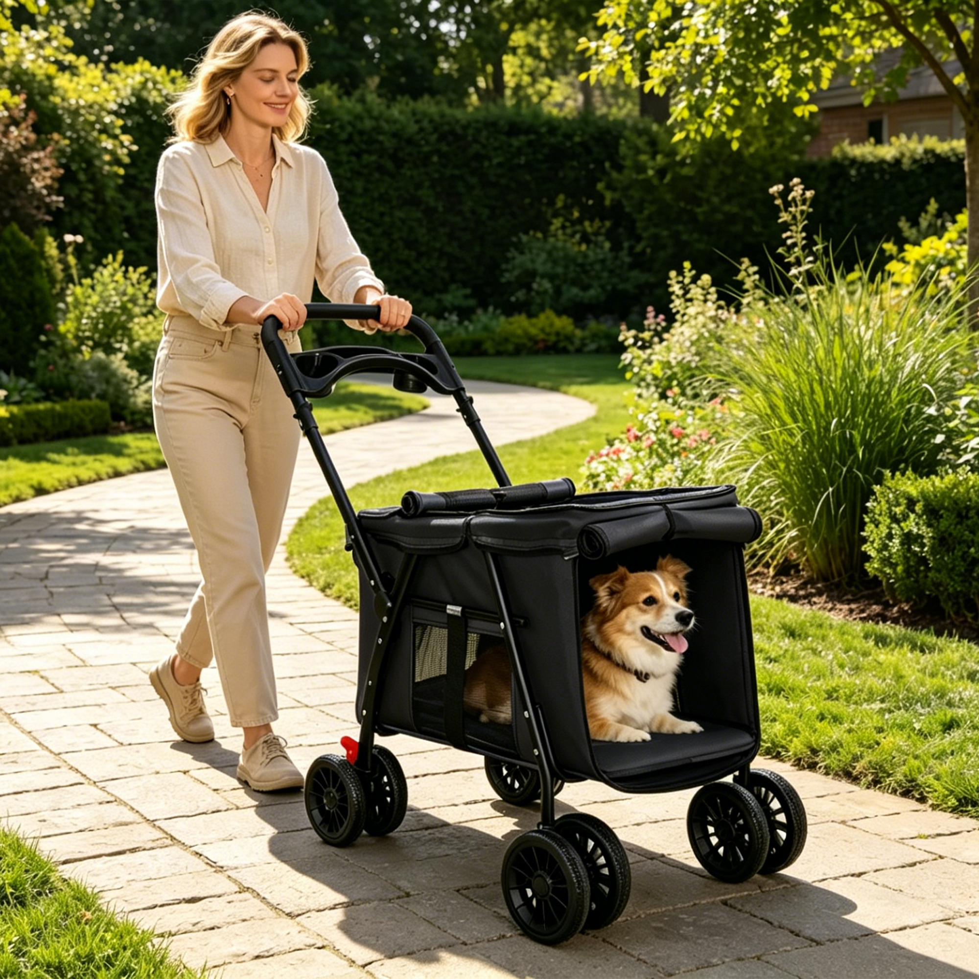 Carril de Mascotas Plegable 4-Ruedas, Malla Respirable para Perros y Gatos con Ruedas de Choque, Sistema de Freno, Plataforma de Almacenamiento, 2 Correas de Seguridad Fijas, Espacio Amplio para Pequeños a Medianos Animales, Negro — imagen 3