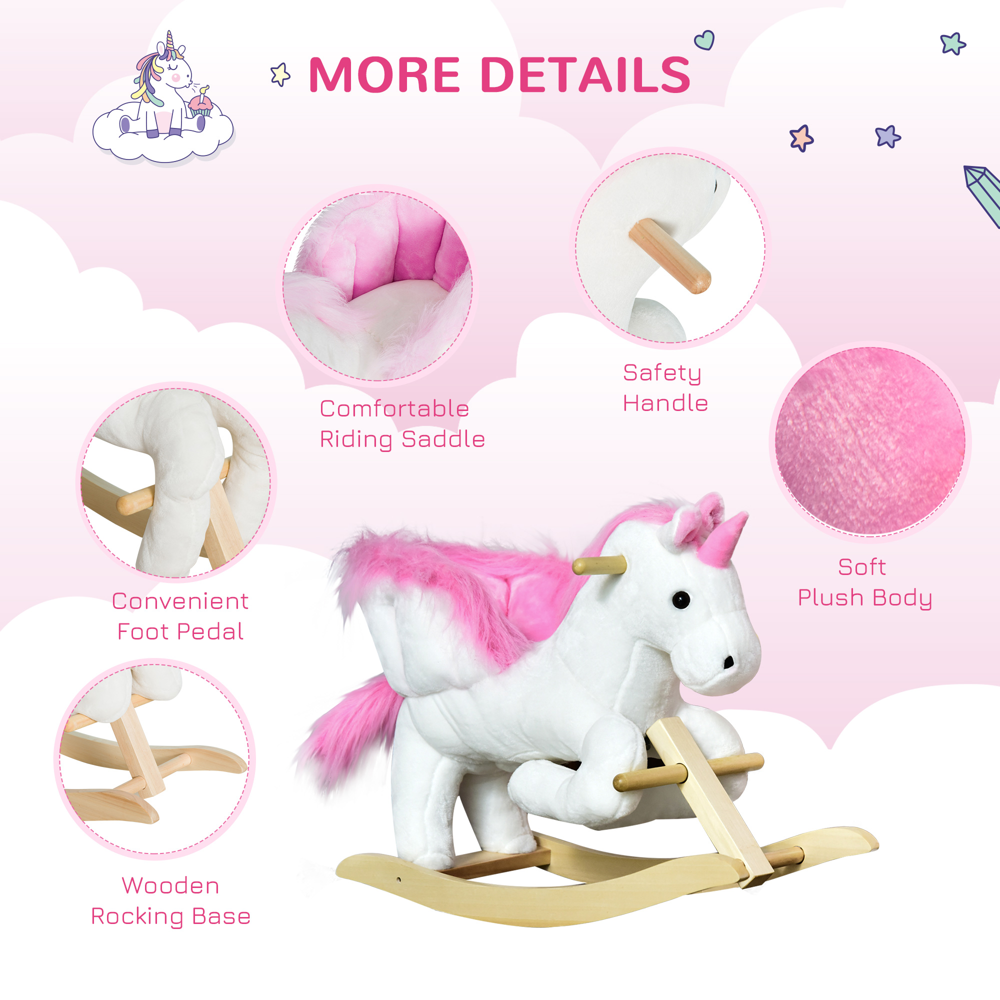 Unicorn Baby Rocking Horse Toy For Kids With Lullaby Song, Plush Ride On Horse With Heavy-Duty Support System, Interactive Toy Pretend Play Toy For Toddlers 18-36 Months — imagen 3