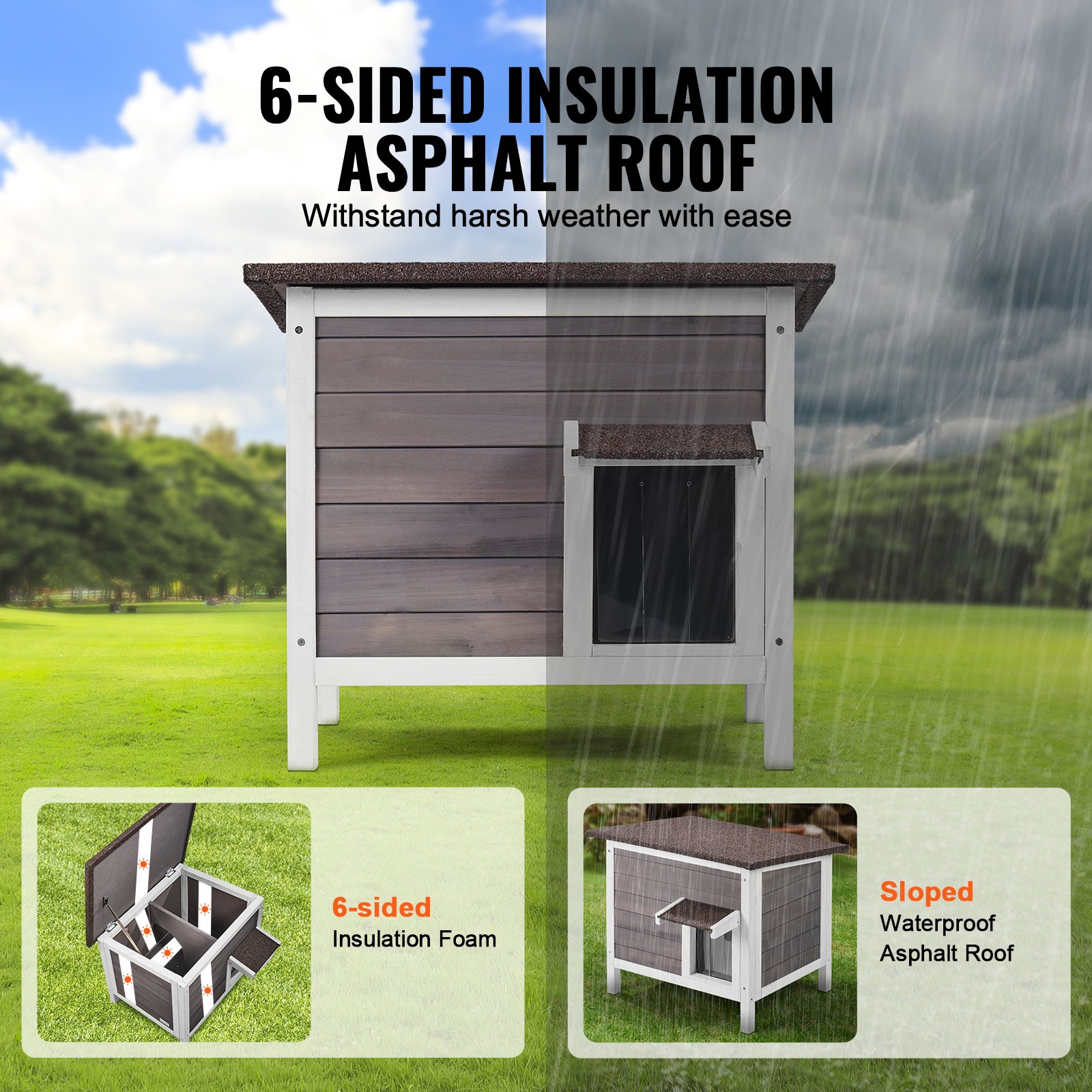 Outdoor Cat House Wooden Feral Cat Shelter With Roof & PVC Door Flaps — image 2