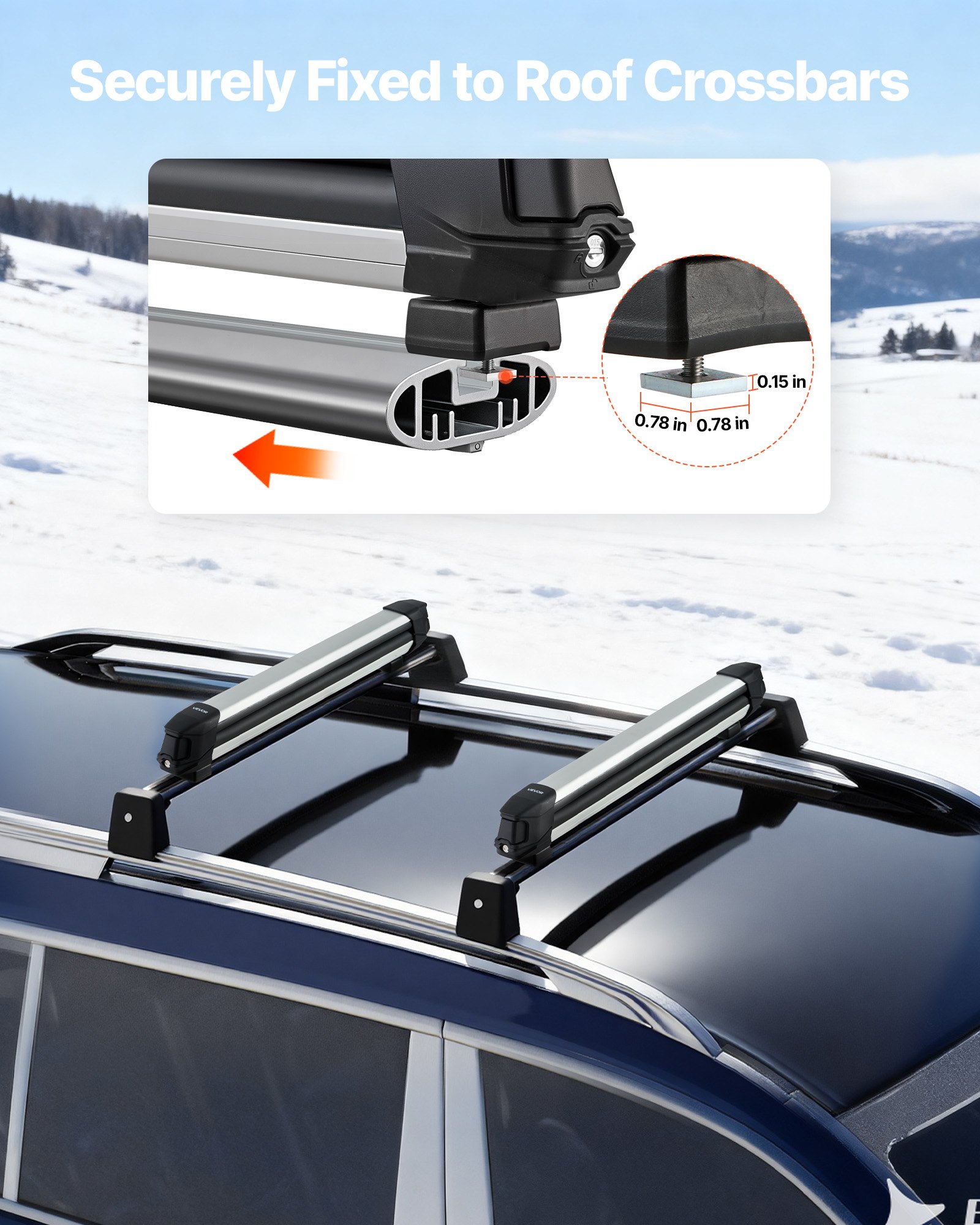 Ski & Snowboard Roof Rack, Carry Up To 6 Pairs Of Skis Or 4 Snowboards, 2 PCS Aluminum Universal Car Roof Rack Top Holder With Lock & Rubber Padding For Fishing Rod, Fit Most Slotted Crossbars — imagen 5