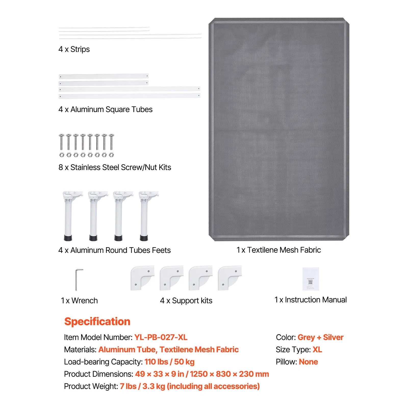 Cama para Perros Elevada XL para Grandes Caninos, Cama para Perros con Estructura de Aluminio, Malla Textilena Transpirable y Almohadilla Lavable, Cama para Perros con Refugio para el Calor, Portátil y Resistente al Limpieza en Gris — imagen 3