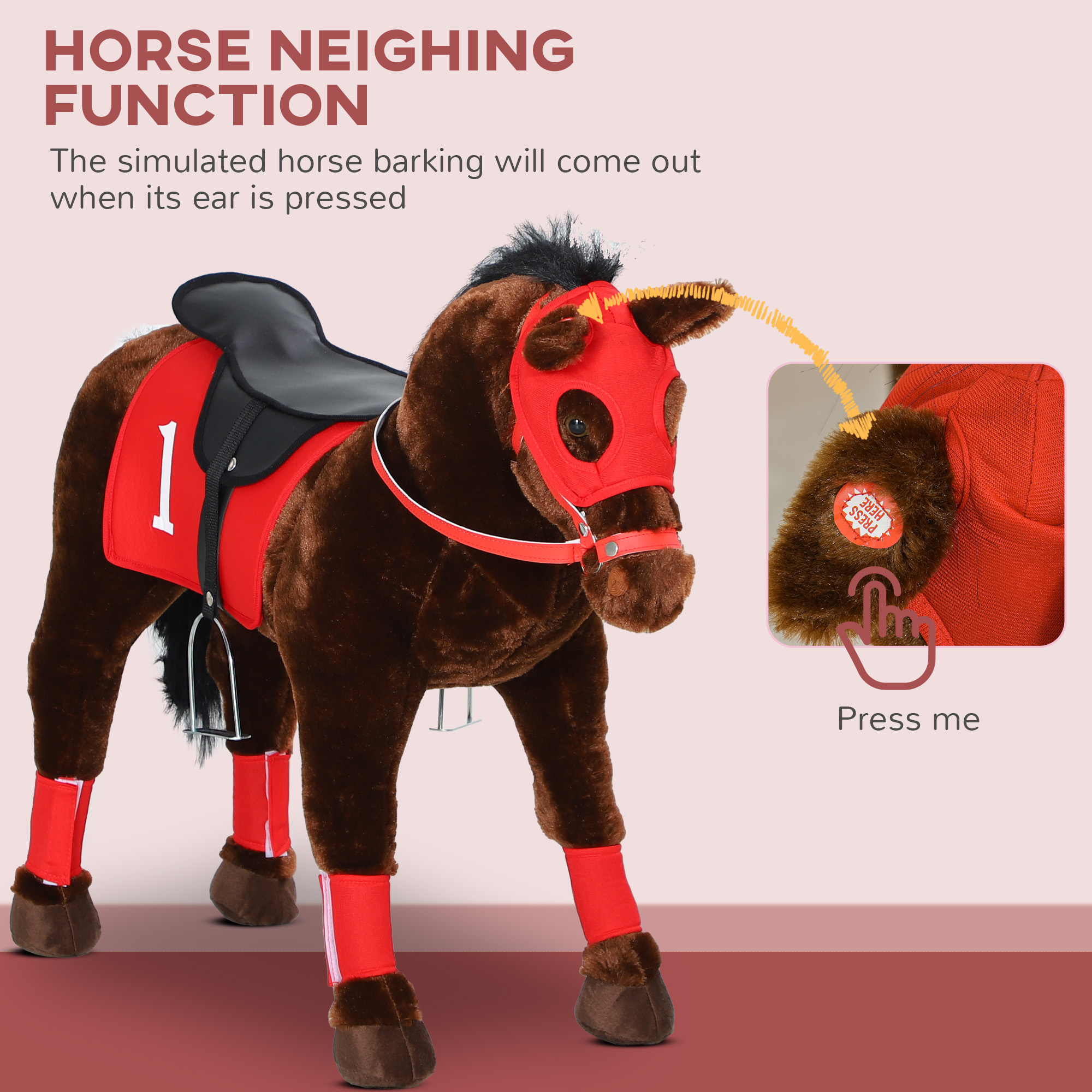 Caballo de montar para niños de 3 a 8 años con sonido de relincho, silla y estribos — imagen 7