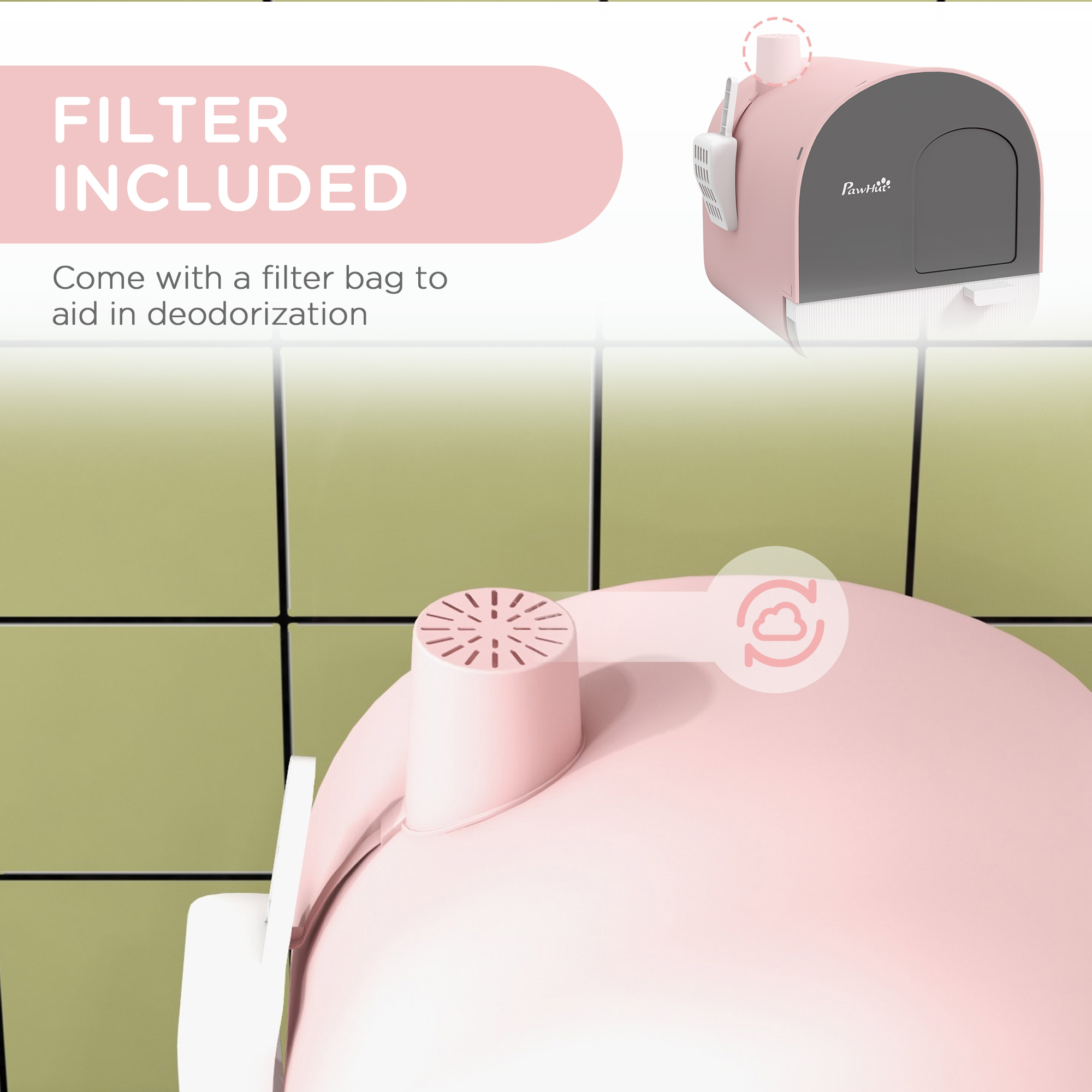 Cat Litter Box with Lid with Scoop and Filter, Pink — imagen 4