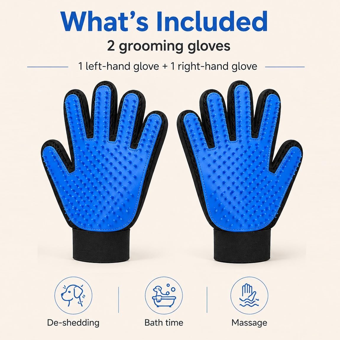 Pet Hair Removal Gloves 2 Pack, Blue Grooming Gloves For Dogs And Cats, Deshedding And Massage Gloves For Loose Fur — image 3