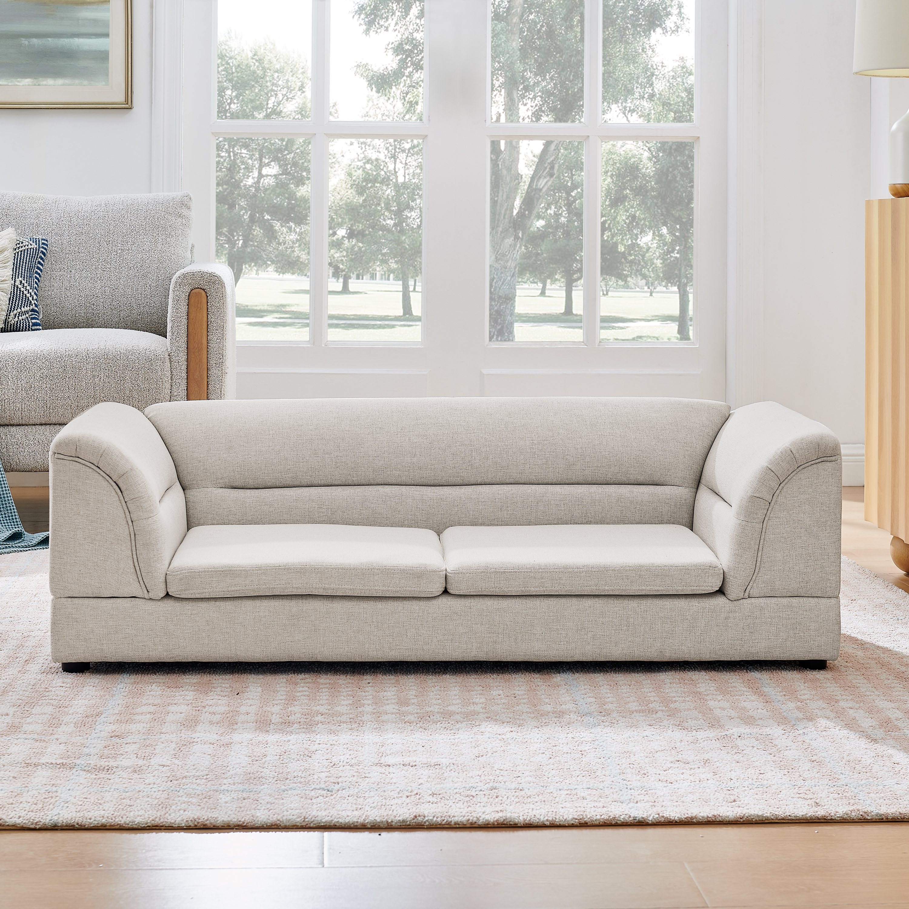 Silla de Comodidad para Mascotas Grande, Sofá Rectangular con Brazo Curvo en Tela de Lino para Perros Grandes - Beige — imagen 14