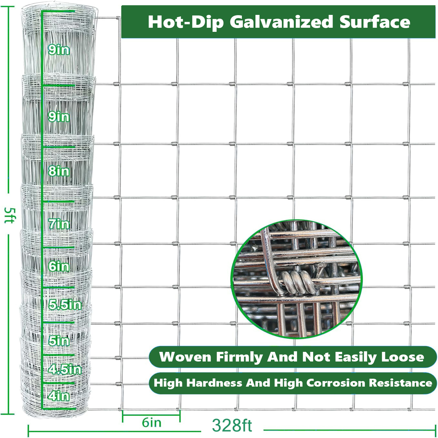Farm Fence 5ft X 328ft 14Gauge Heavy Zinc Coating Cattle Fence, Galvanized Field Wire Fencing Deer Fence, Goat Fence, Hog Wire Fencing For Yard Livestock & Animals Protection — imagen 4