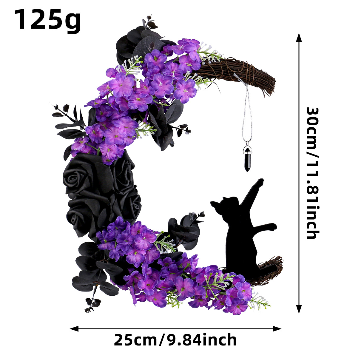 Halloween Moon Cat Wreath Decoration LED Black Rose Dry Branch Artificial Vine Circle Ornament Props — image 7