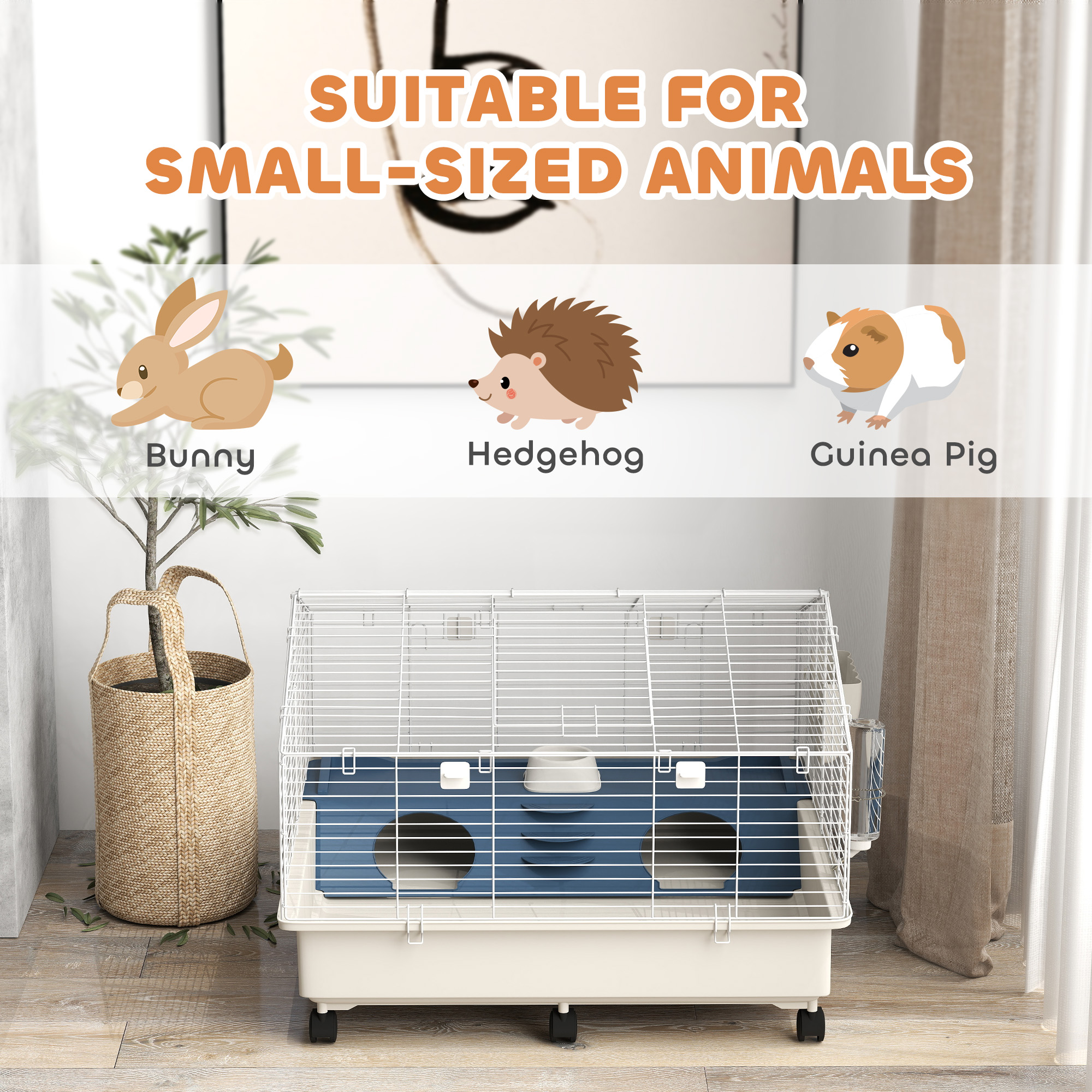 Caja Rodante para Pequeños Animales con Botella de Agua, Alimentador de Heno y Tazón para Conejos, Erizos y Caviares, 35" x 35" x 25" — imagen 5