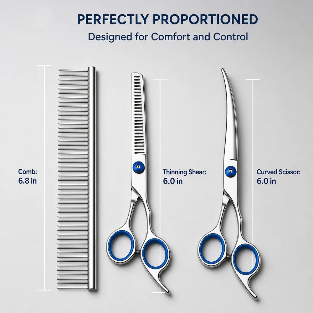 Pet Grooming Scissors Kit, 4 In 1 Professional Stainless Steel Dog Cat Grooming Shears Set, Straight & Curved & Thinning Scissors With Metal Comb & Storage Case, Safe Home Pet Hair Trimming Tool For — image 5