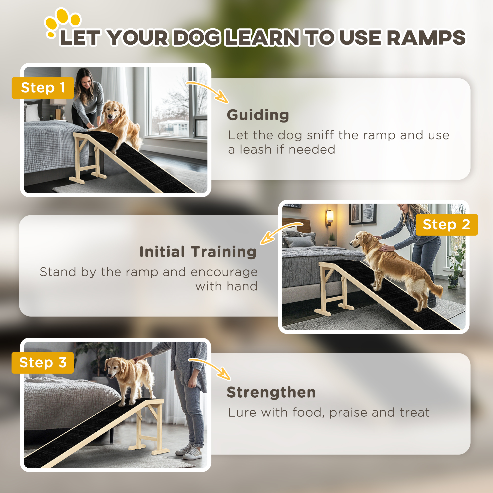 Paso para Perros para la Cama, Rampa de Mascotas con Alfombra Antideslizante y Plataforma Superior, 74" x 16" x 25", Natural — imagen 7