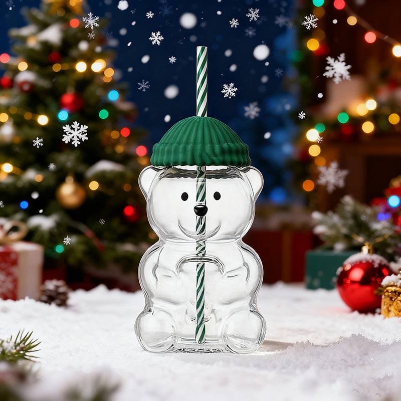 Taza de vidrio en forma de oso de peluche animado para Navidad - Taza con paja grande capacidad — imagen 3