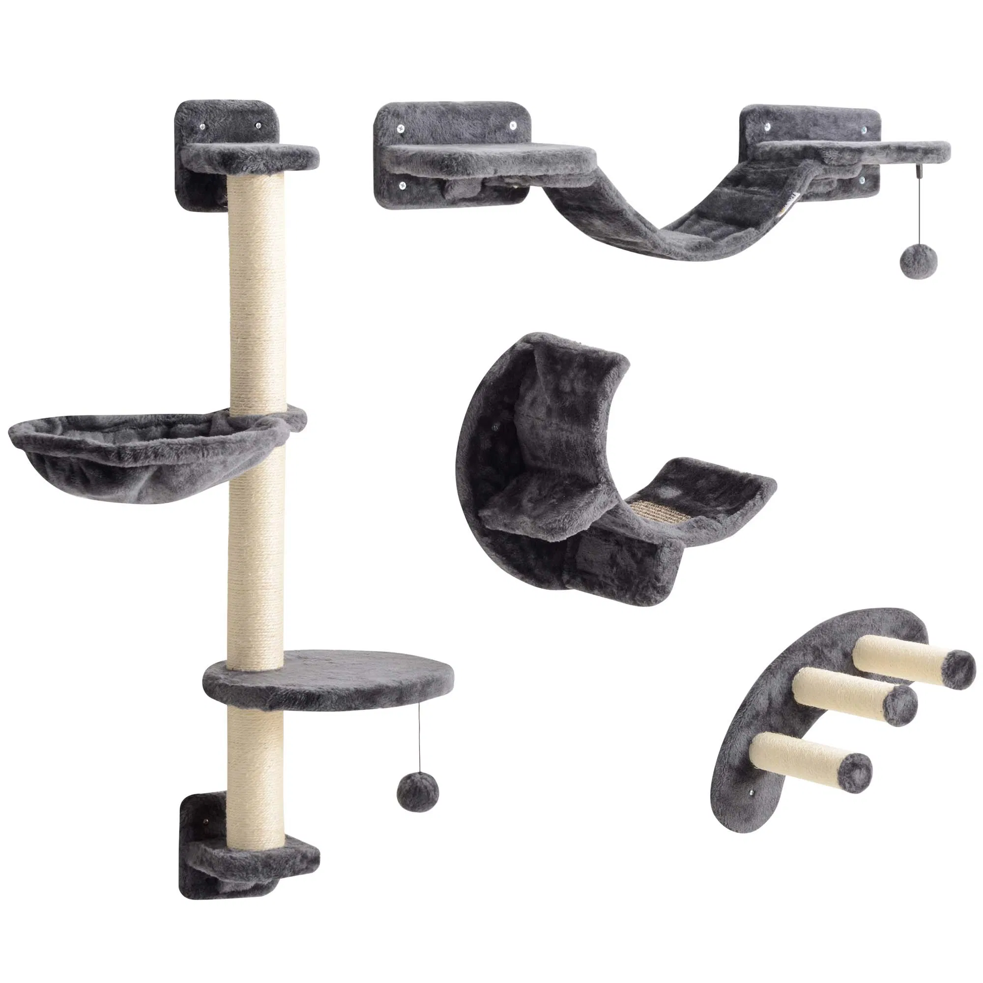 Cat Wall Shelf with Scratching Post, Play Balls, Platforms, Dark Grey — image 1