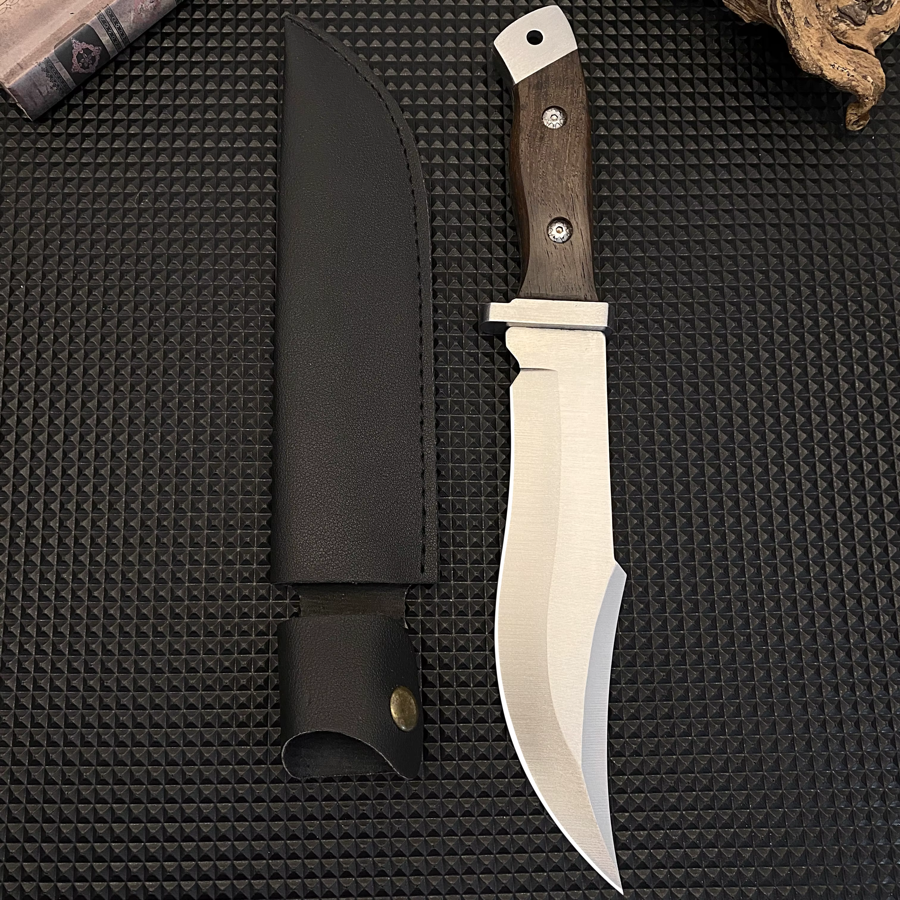 Stainless steel hunting knife with a wooden handle, paired with a black leather sheath, an essential tool for adventurers — image 5