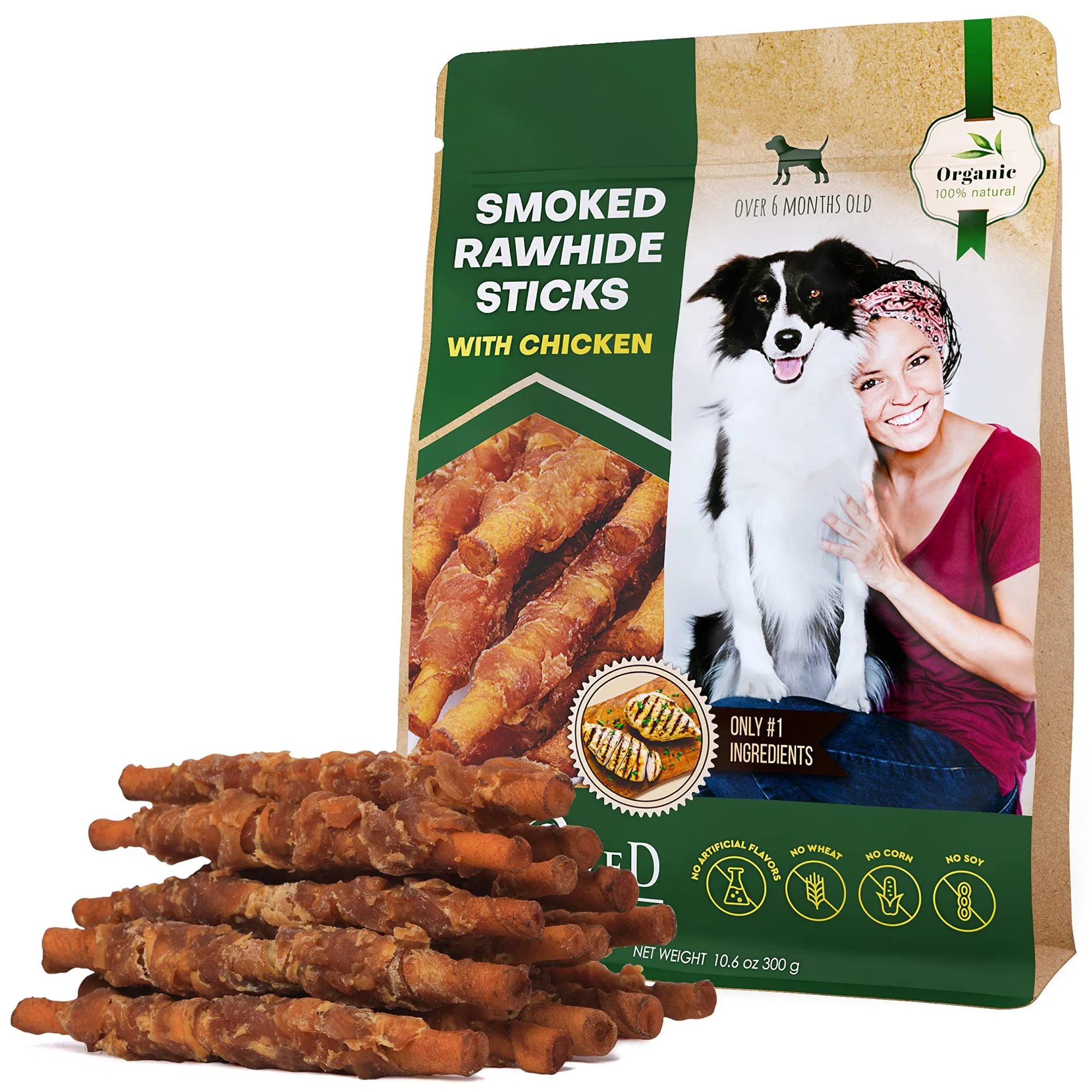 Chucherías de Hueso de Perro Ahumado Envueltas con Pollo Natural y Orgánico, Sin Grano, Humanamente Certificado, Snacks Saludables en Lote