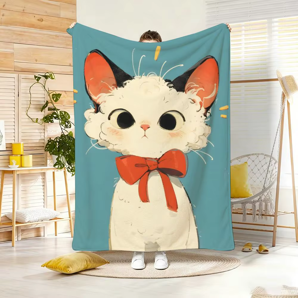 Illustration B-Bow Tie Cats Throw Lightweight 240g Flannel Blanket Soft Skin-friendly for Summer Cooling — image 2