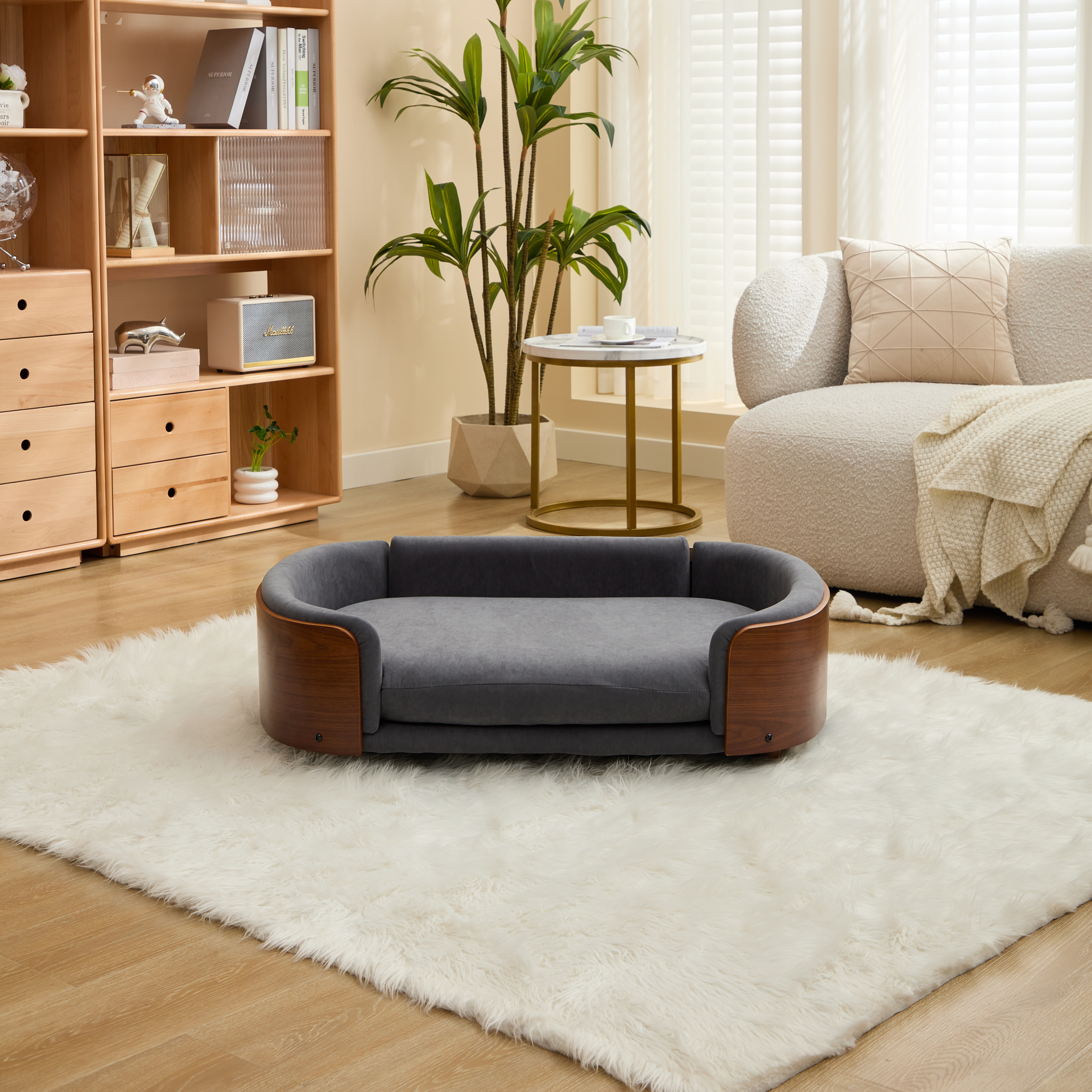 Scandinavian style Elevated Dog Bed Pet Sofa With Solid Wood legs and Walnut Bent Wood Back, Velvet, Large Size — image 1