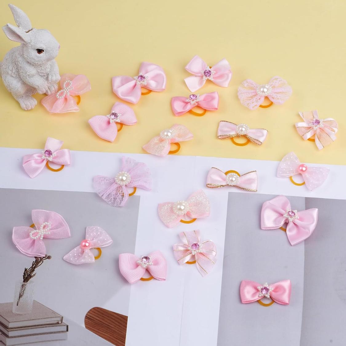 20 Piezas de Lindos Moños para Perro con Ligas Elásticas, Hechos a Mano, Estilos Variados con Encaje, Diamantes de Imitación y Perlas, para Cachorros, Gatos y Mascotas Peludas — imagen 5