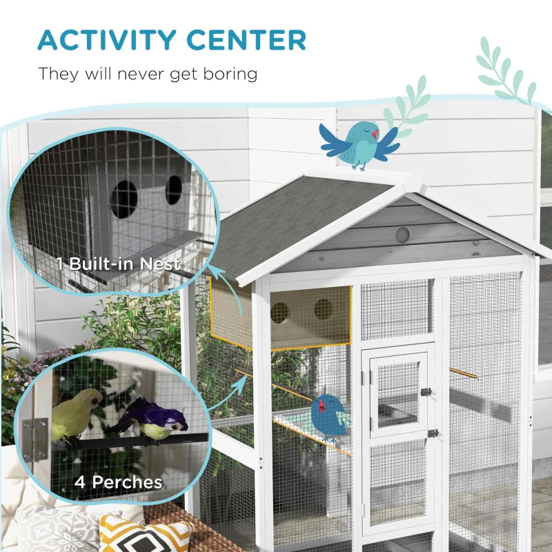 PawHut 64.5 Wooden Bird Cage Aviary, Flight Cage With 4 Perches, Nest And Slide-Out Tray For Indoor Outdoor, GrayMultiple Packages — imagen 11