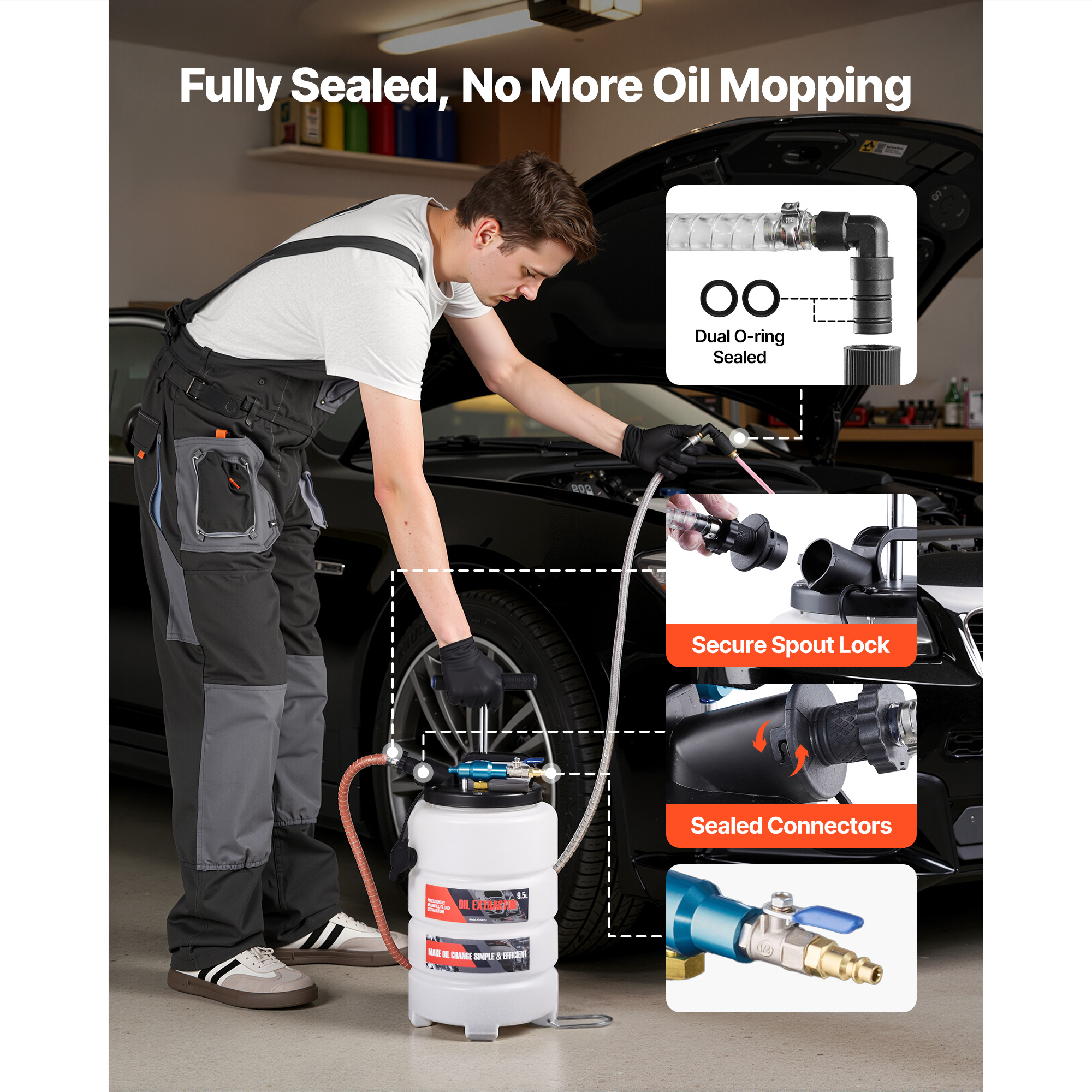 Extractor de Fluidos, Capacidad de 9.5 L con Bomba Manual Neumática para Vacío con Caballo de 59 Pulgadas y Tres Tubos de Extensión de 47 Pulgadas, Bomba de Cambio de Aceite con Tanque PE para Autos, Cortacéspedes, Barcos — imagen 4