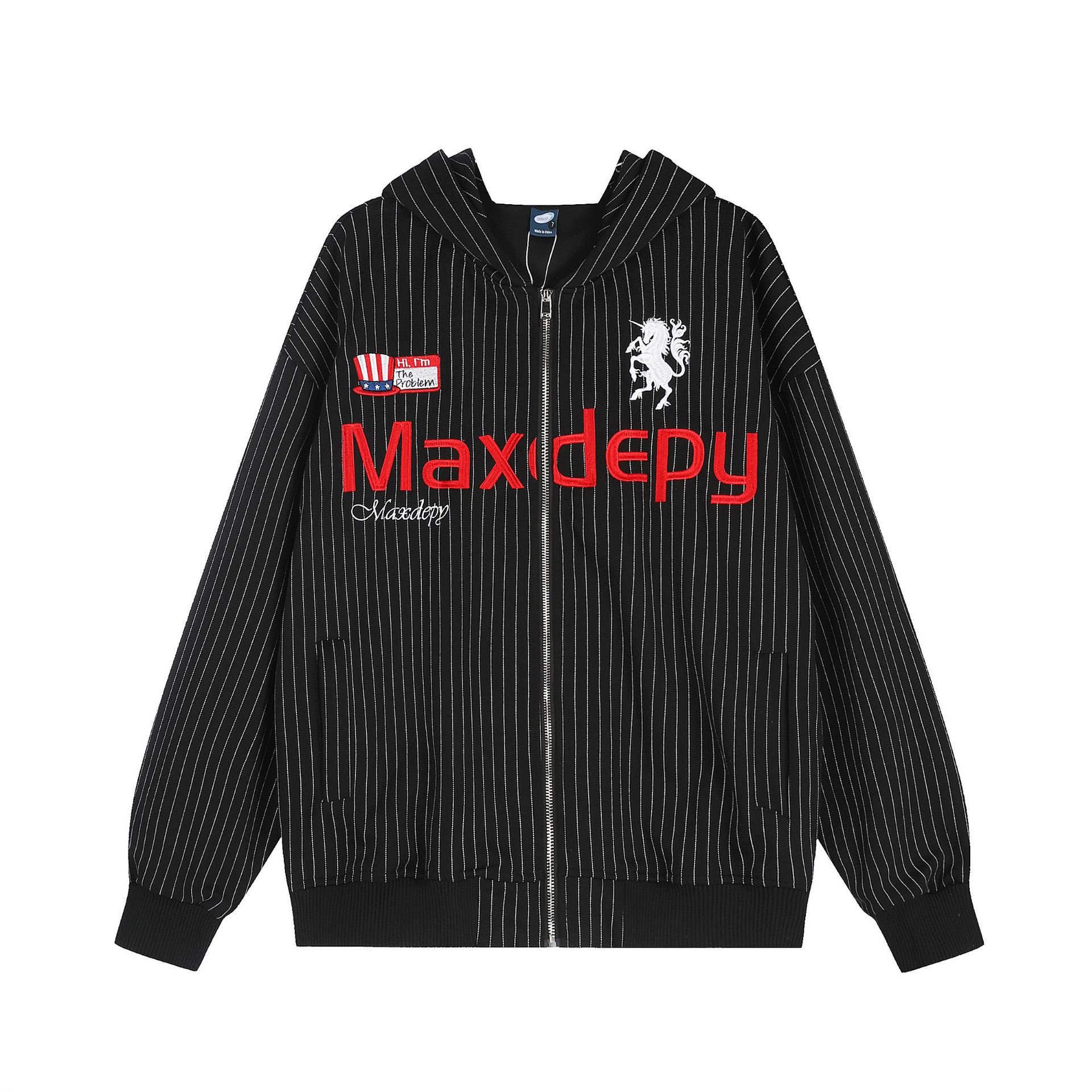 Vertical Stripe Hooded Zipper Sweatshirt Jacket with Letter Unicorn Print Loose Fit Casual Outerwear — image 2