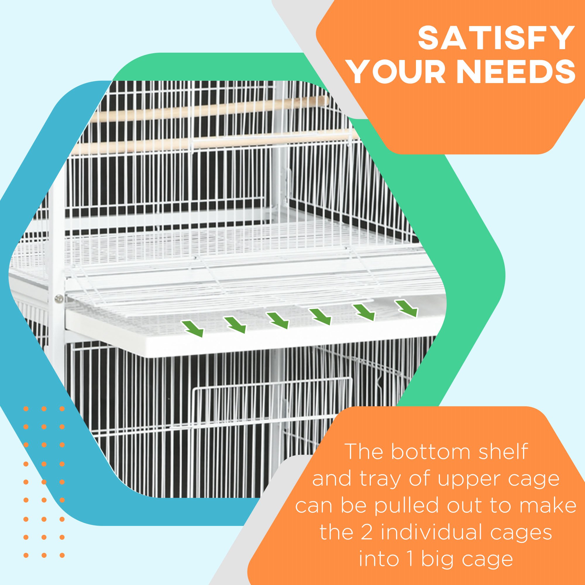 Caja para Pájaros de Metal Forjado con Soporte Rodante, Perchas y Contenedores de Alimento, 67" H, Blanco — imagen 8