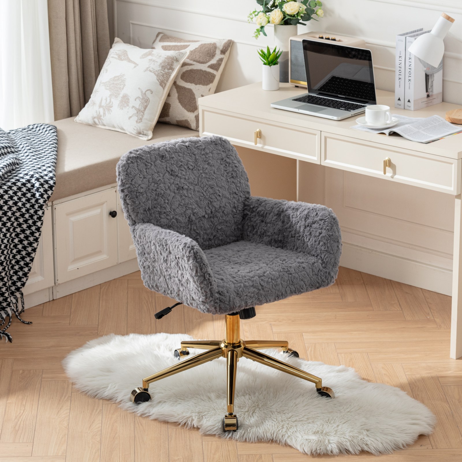 Silla de Oficina AA Furniture, Silla de Oficina en Casa con Pelo Sintético de Conejo y Base Metálica Dorada, Silla de Escritorio Giratoria Ajustable, Silla Tocador Gris — imagen 1