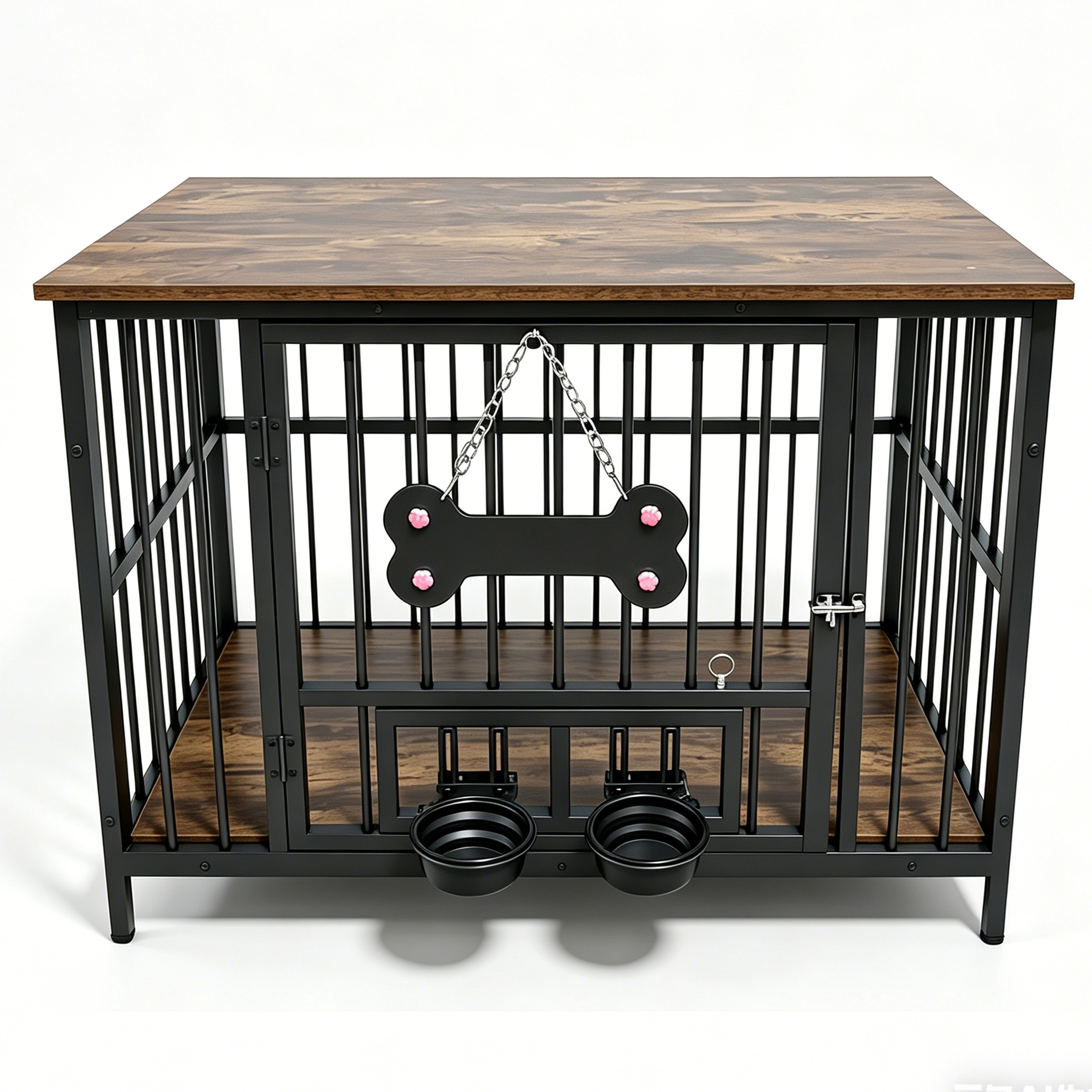 Caja de perro en madera antigua con borde de grano de madera, tazón giratorio 360° con material suave de silicona de seguridad grado — imagen 5