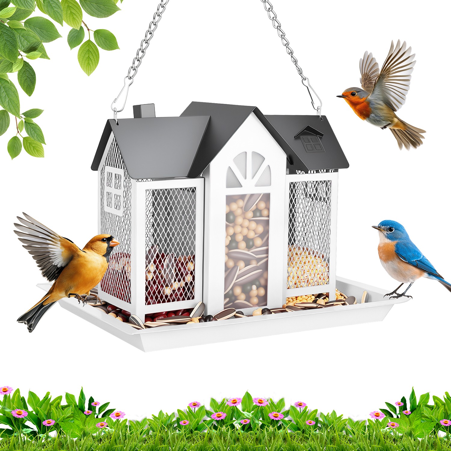 Casa de Comida para Pájaros Colgante Clásico Estilo Granja con Ventana Visible y Tapete Superior de 15,75 Pulgadas — imagen 13