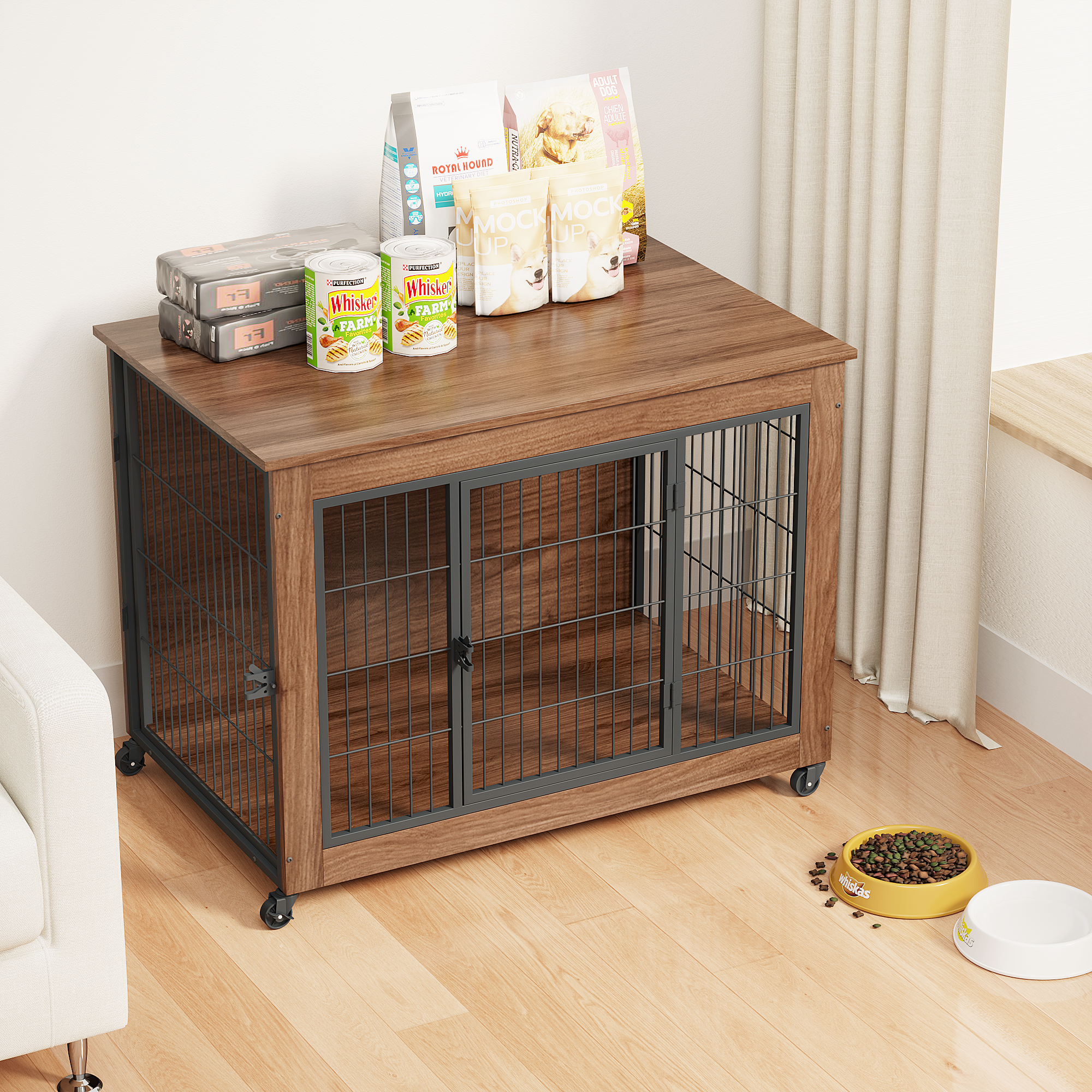 38.6 Dog Crate Furniture With Wheels For Small Dogs, Heavy Duty Dog Kennel Indoor With 2 Doors, Wooden Pet Cage End Table, Double-Doors Sturdy Metal Dog Cage For Anxiety Dog — imagen 2