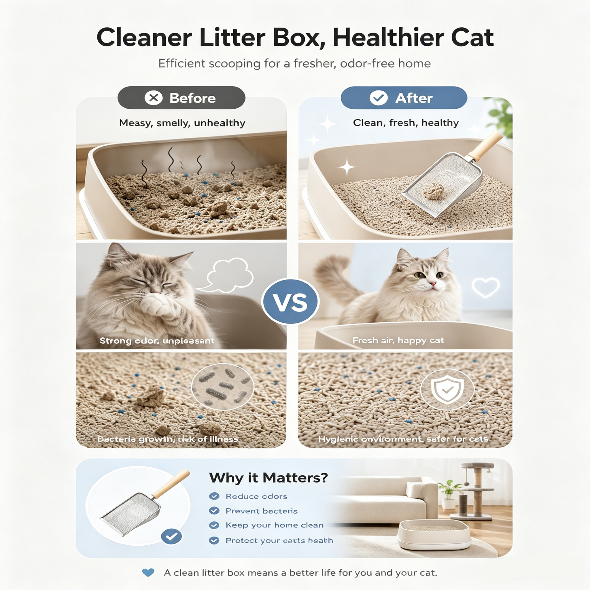 Scoopa de Limpieza para Gatos en Acero Inoxidable con Cernidor de Malla Finamente Tejida, Pala de Litter Durable con Manija Ergonómica de Madera, Herramienta de Limpieza Pesada para Gatos para una Limpieza Fácil — imagen 7