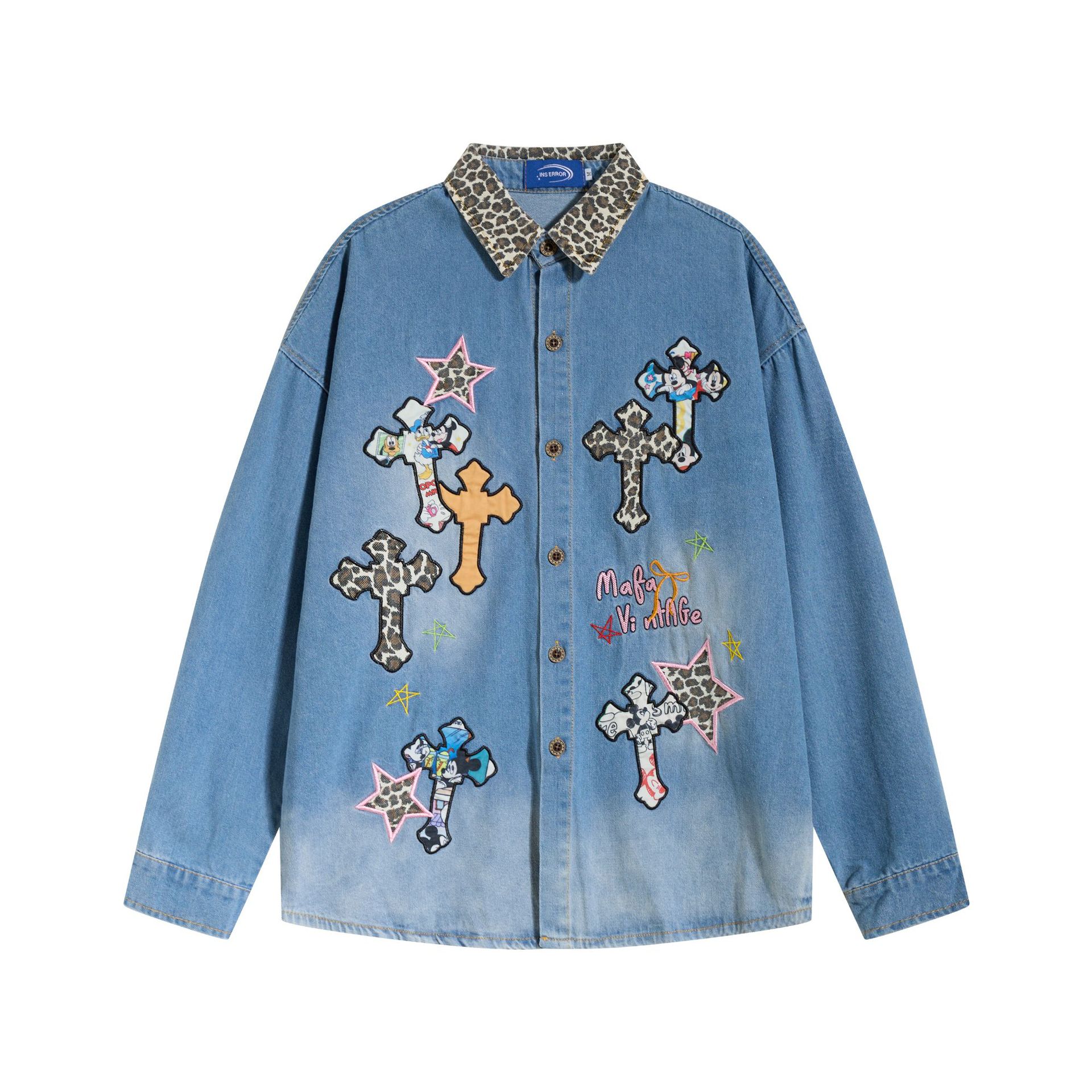 Long Sleeve Leopard Print Collar Star Patch Embroidery Distressed Denim Shirt — image 2