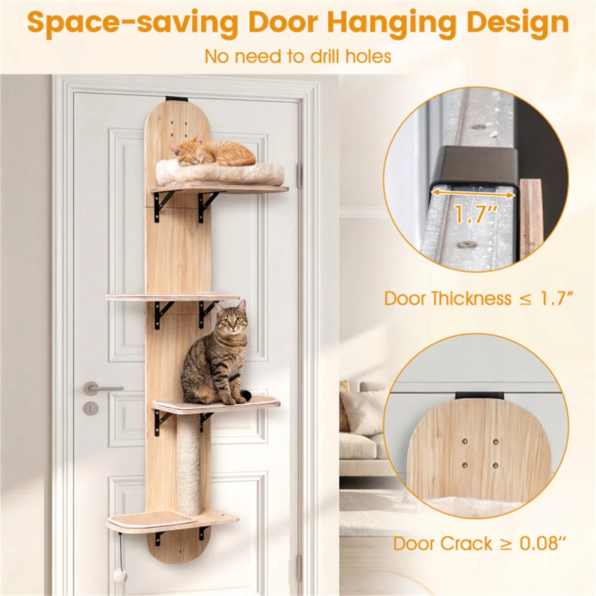 Door Hanging Cat Tree 5-Level Height Adjustable 4-Tier Climber No-Drill for Apartment Beige — image 3