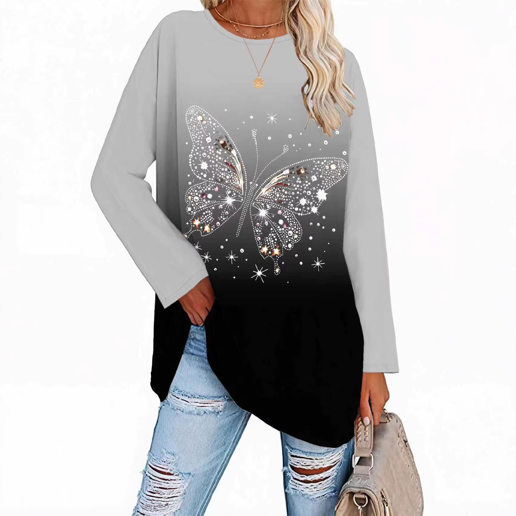 Elegant Butterfly Print Round Neck T-Shirt for WomenWinter Casual Comfortable Style — image 3