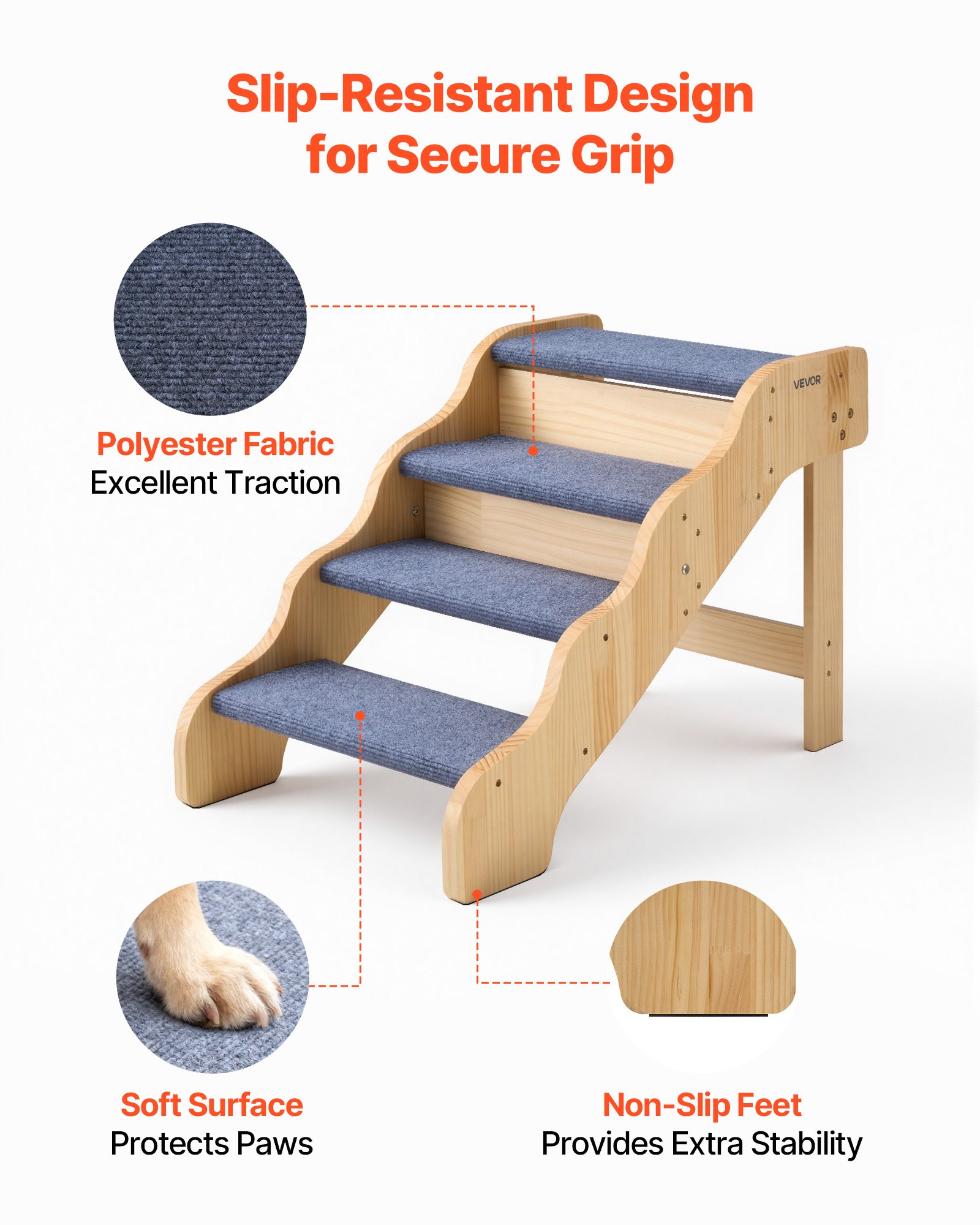 Escaleras de Madera para Mascotas, 4 Peldaños para Camas Altas, Sofás y Coches, Capacidad de Carga 150lbs, Superficie Antideslizante, Escalera Segura para Gatos y Perros Pequeños, Medianos y Grandes — imagen 4
