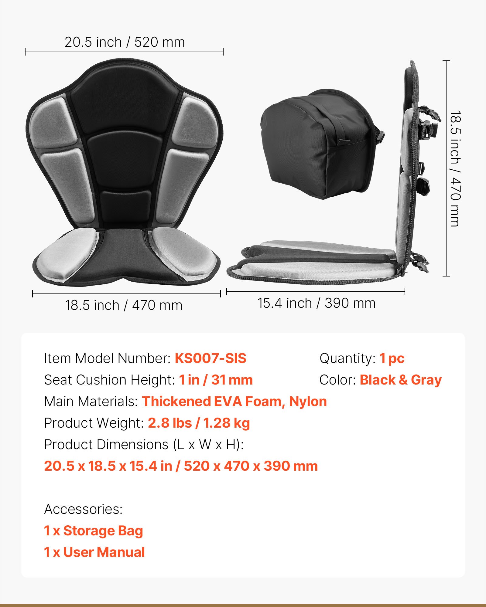 Kayak Seat, 1 Pack 1" Thick, Universal Paddle Board Seat With Back Support, Sit-on-Top Soft Padded Cushion With Storage Bag & Adjustable Straps For SUP, Fishing Boat, Inflatable Kayak, Rowboat — imagen 1