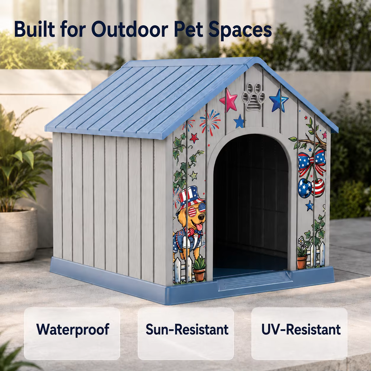 Outdoor Plastic Dog House, Weatherproof Pet Shelter with Printed Pattern Door, Outdoor Dog Cabin for Small Medium Dogs — image 6
