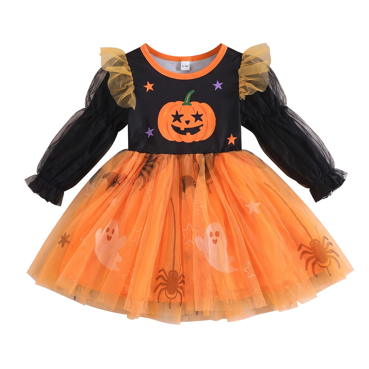 Vestido de Halloween con calabaza y tulle para niñas manga larga manga en forma de pompon estampado fantasmas arañas — imagen 1