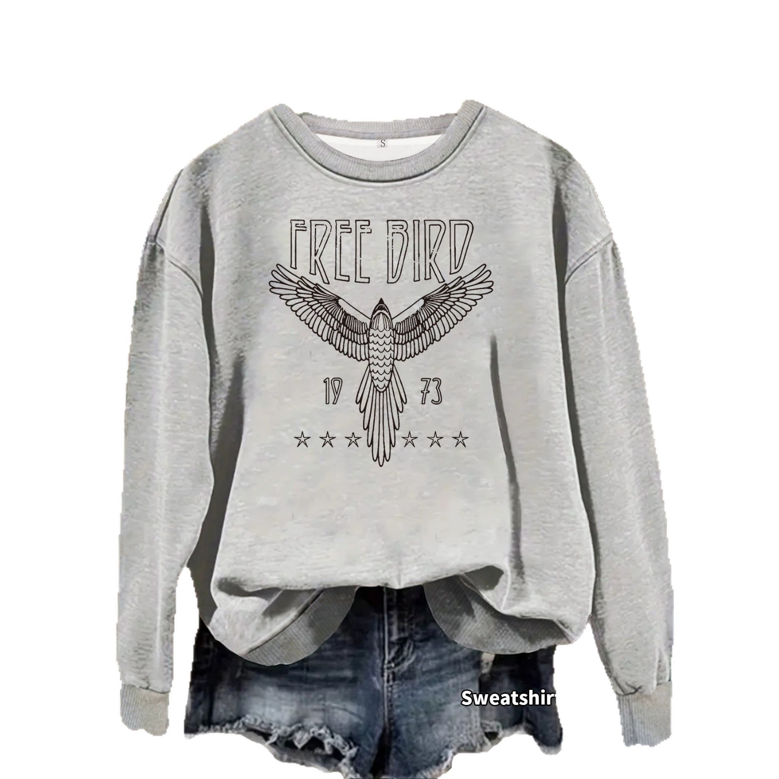 Long sleeved round neck sweater with eagle and star print loose fitting women's fleece hoodie — image 2